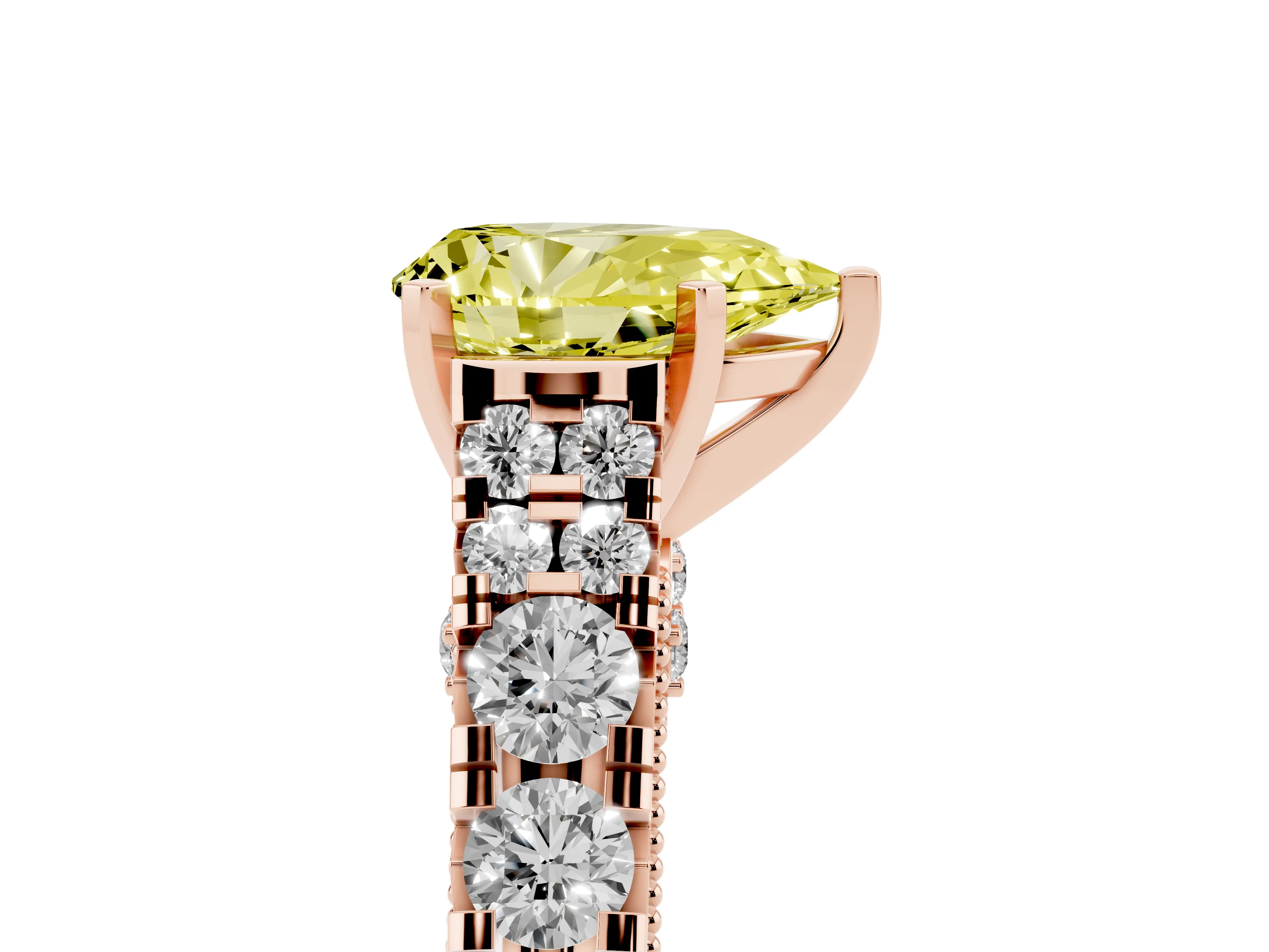 Fancy Yellow Pear Cut Diamond Classic Solitaire Ring Set in Rose gold with Pavé Band and Prong Setting