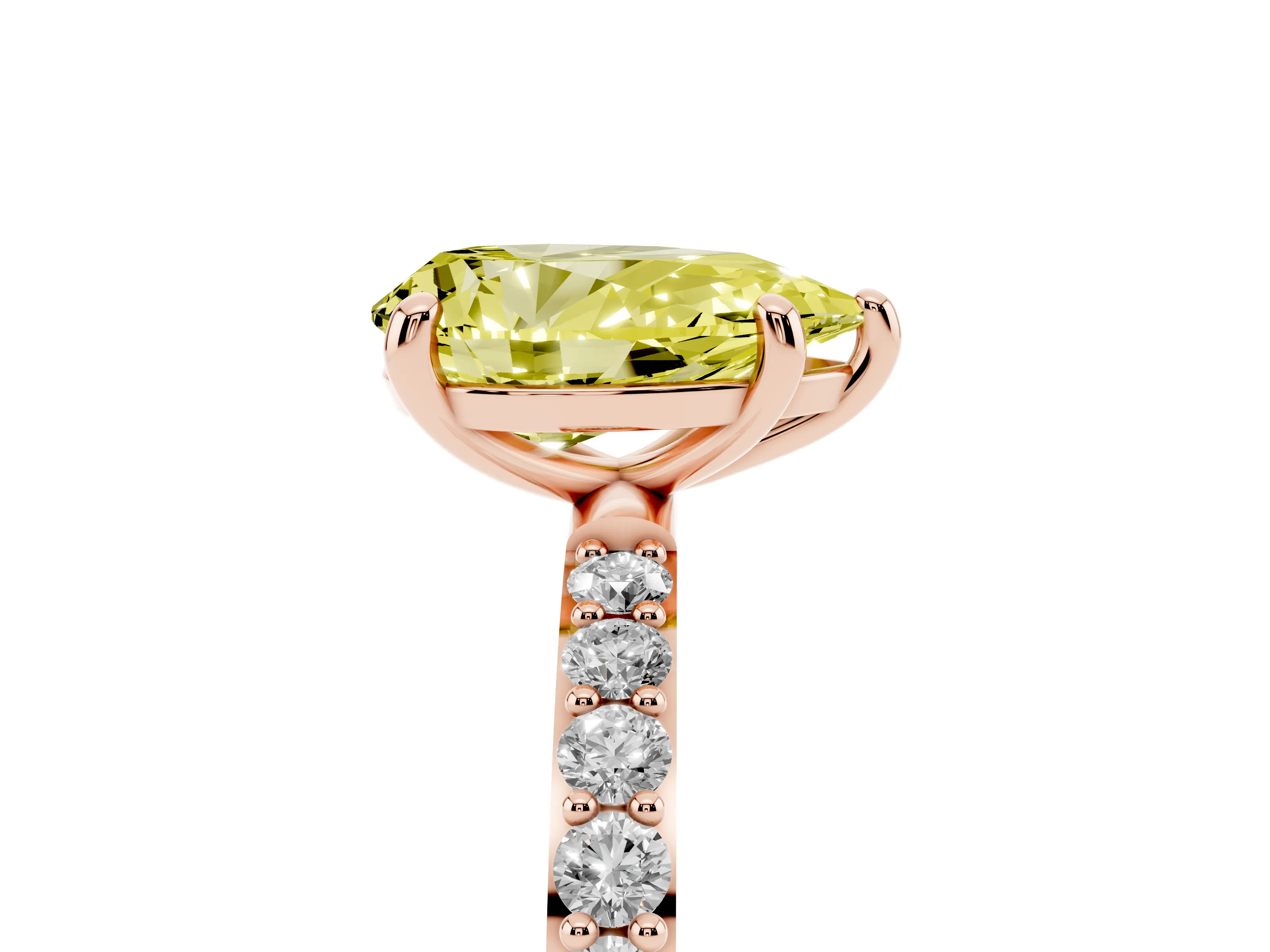 Fancy Yellow Pear Cut Diamond Solitaire Ring Set in Rose gold with Round Pavé Band and Prong Setting
