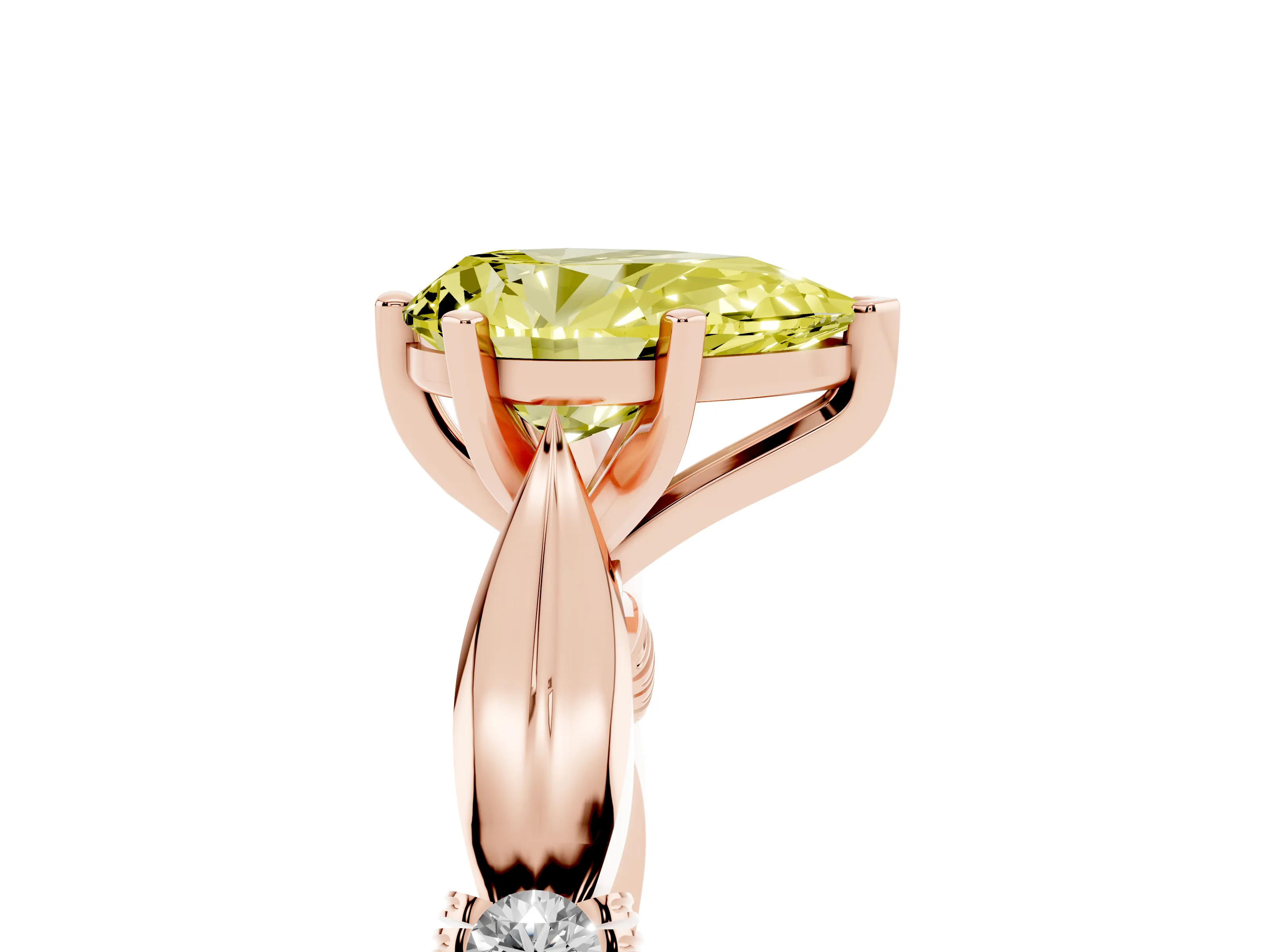 Fancy Yellow Pear Cut Diamond Solitaire Twisted Band Ring Set in Rose gold with Accent Stones and Prong Setting