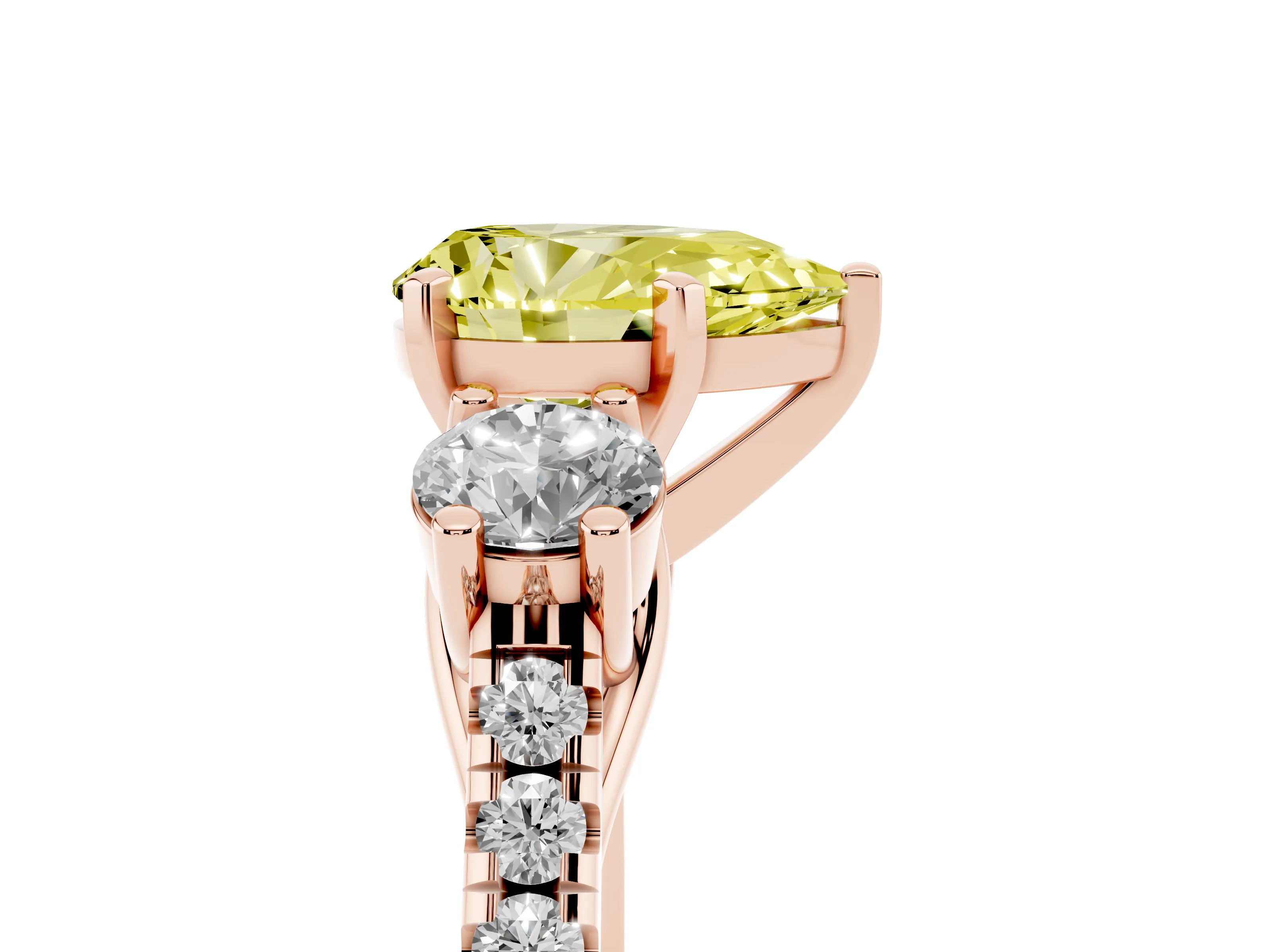 Fancy Yellow Three-Stone Pear Cut Diamond Pavé Band Ring Set in Rose gold with Prong-Set Trio