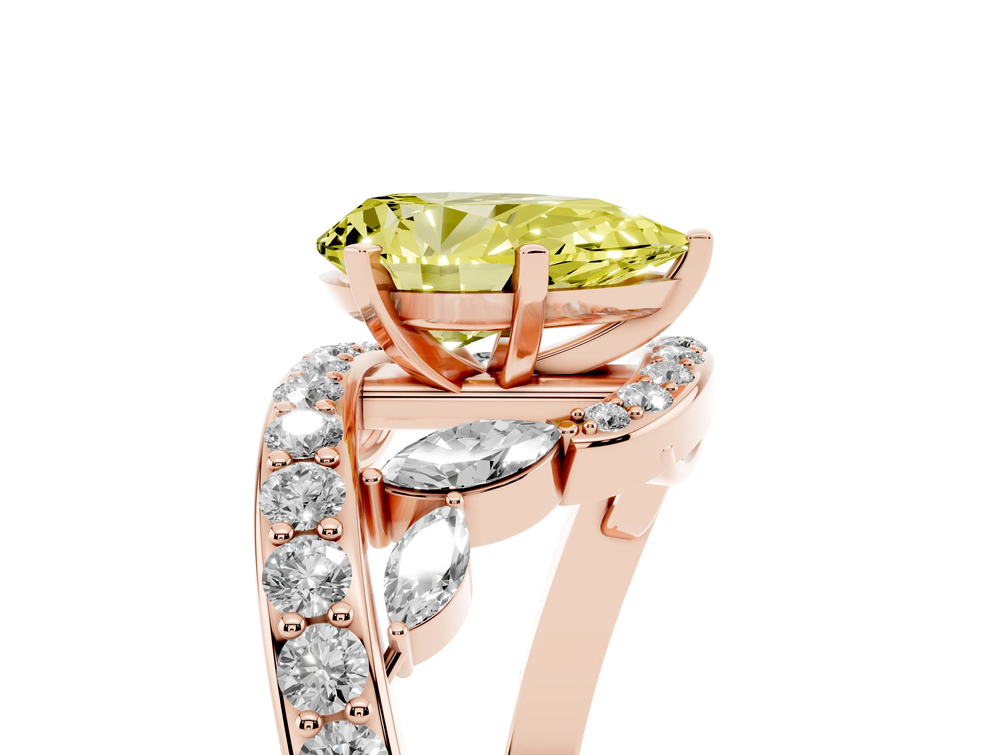 Fancy Yellow Pear Cut Diamond Solitaire Ring Set in Rose gold with Pavé Twist Band and Secure Prong Setting