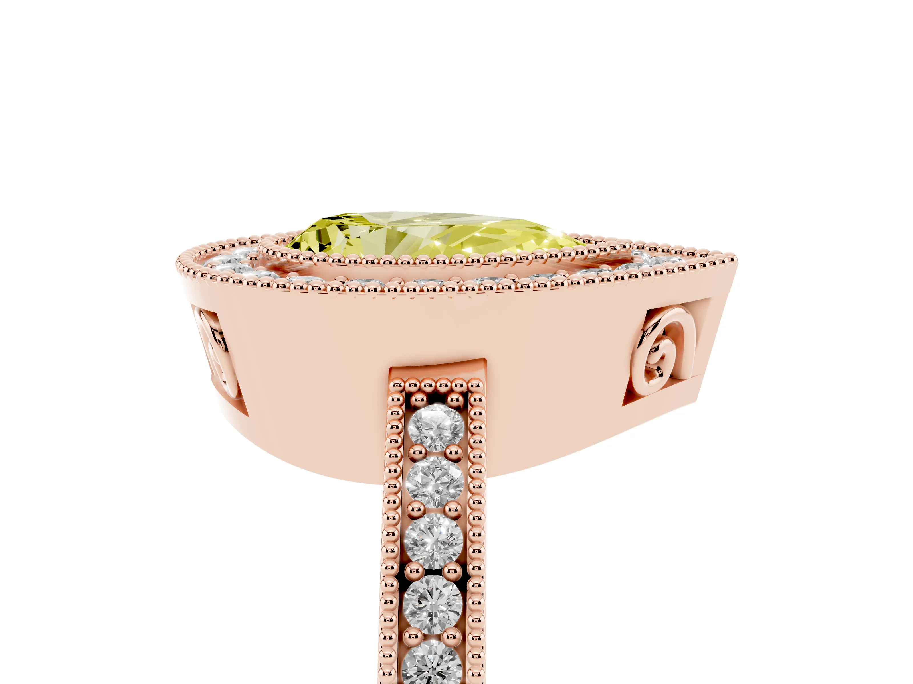 Fancy Yellow Pear Cut Diamond Round Halo Ring Set in Rose gold with Pavé Band