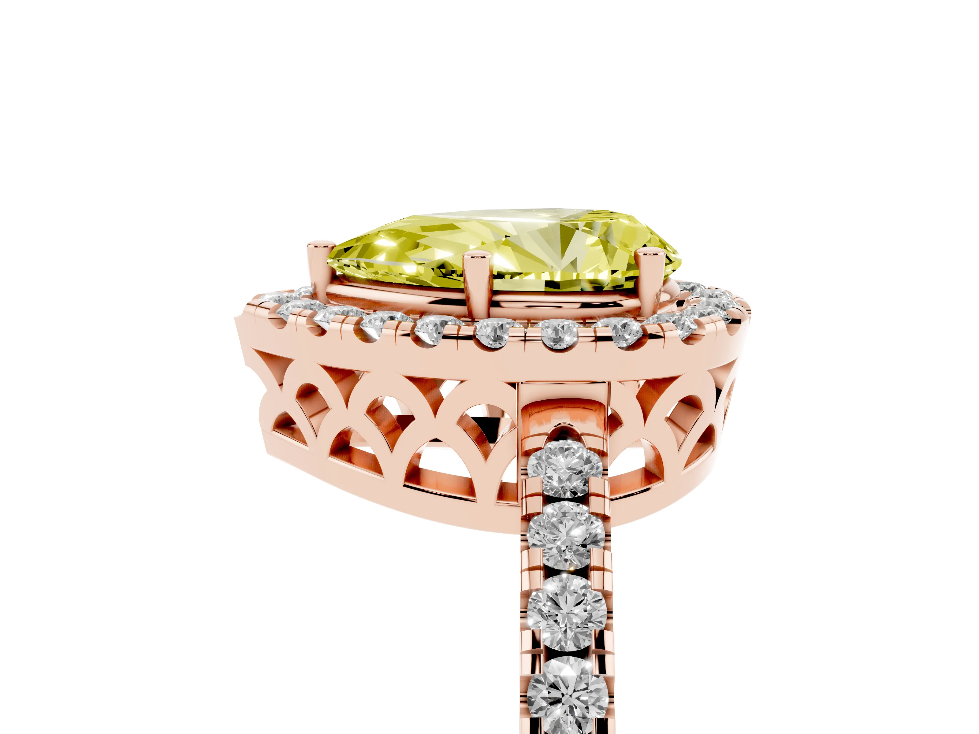 Fancy Yellow Pear Cut Diamond Pavé Band Halo Engagement Ring Set in Rose gold with Prong Setting