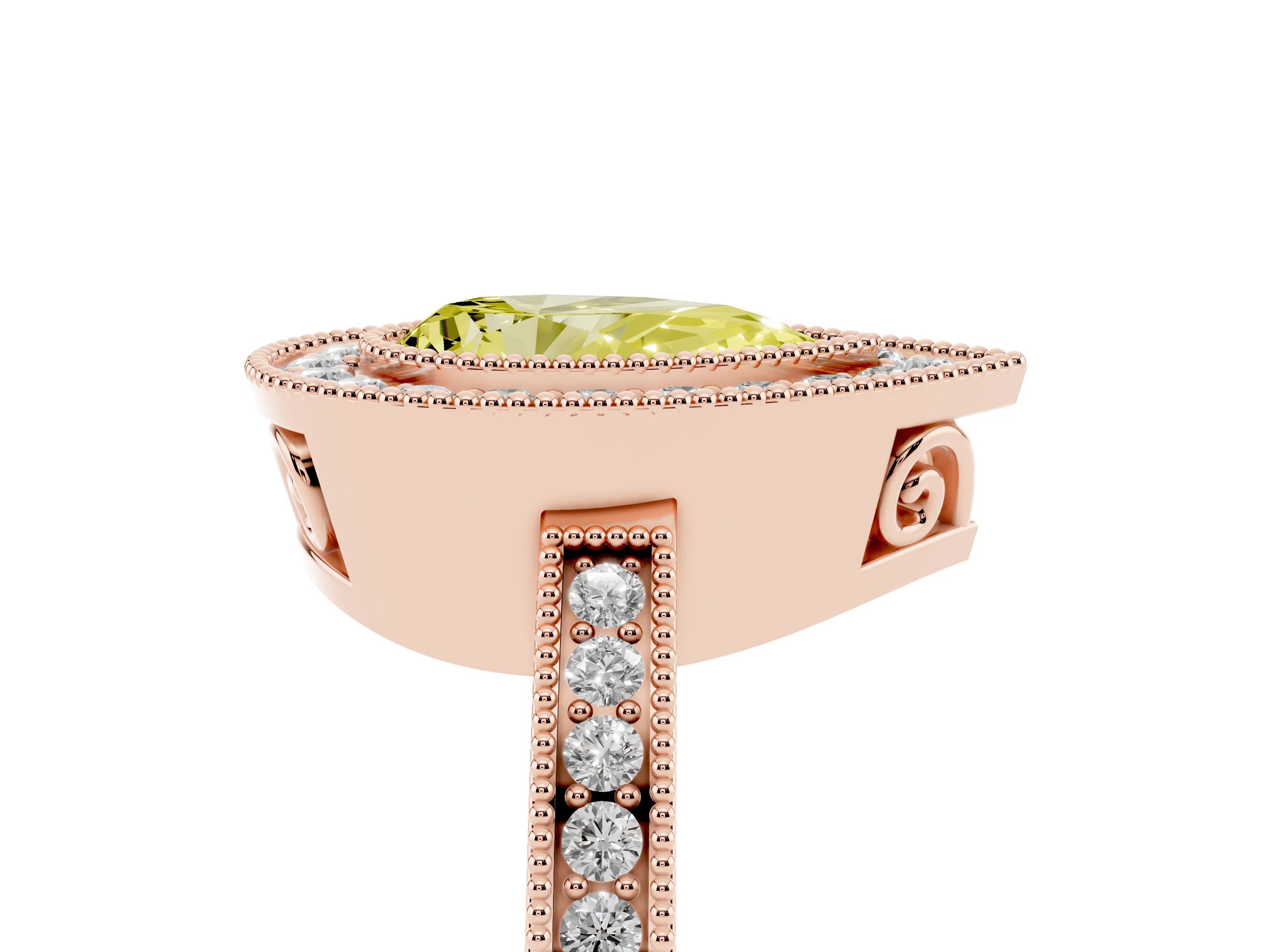 Fancy Yellow Pear Cut Diamond Halo Ring Set in Rose gold with Pavé Band and Milgrain-Edged Prongs