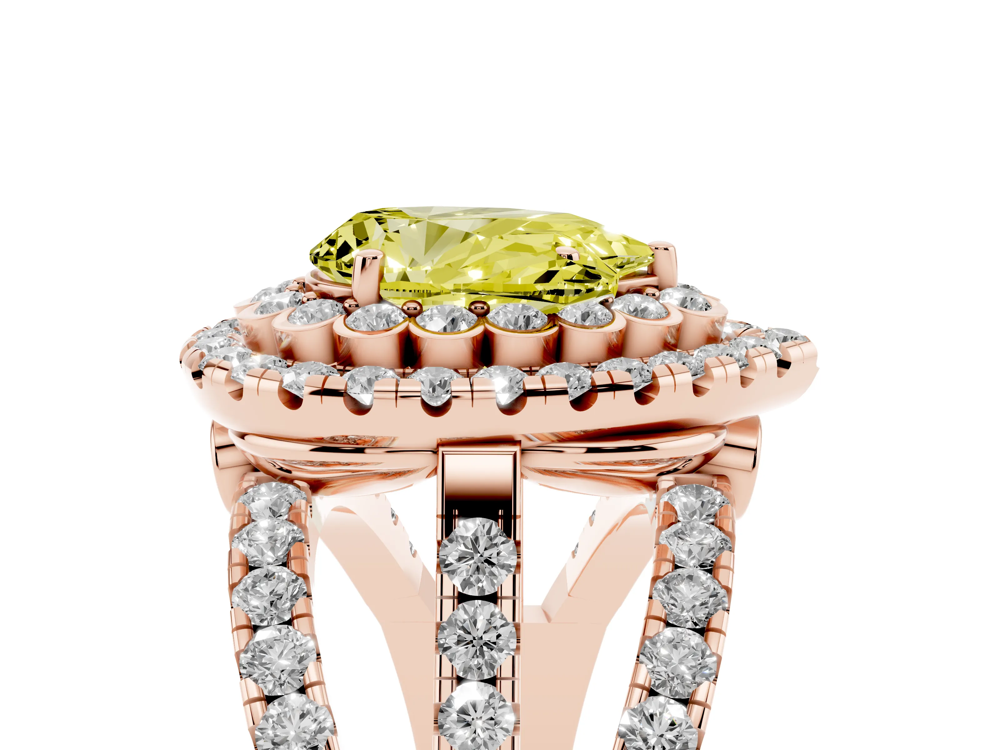 Fancy Yellow Pear Cut Diamond Double Halo Ring Set in Rose gold with Round Pavé Split Shank
