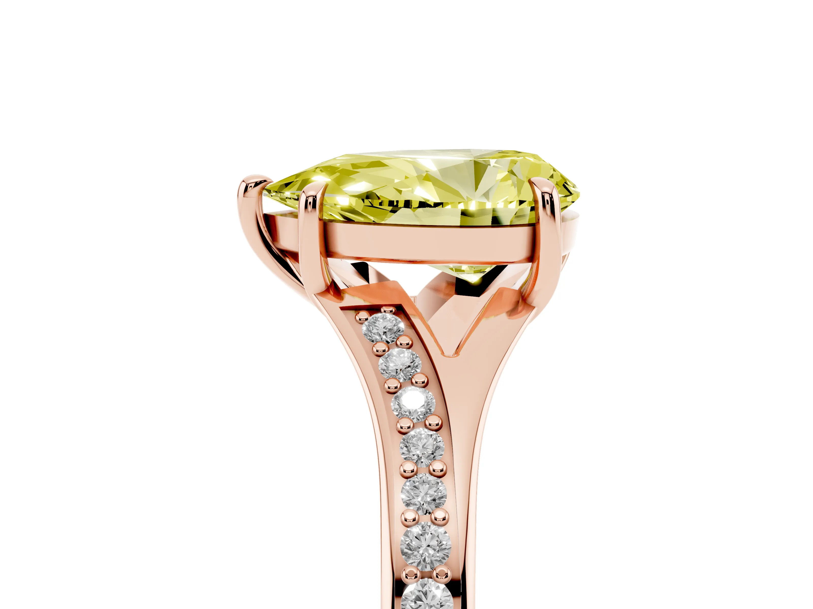 Fancy Yellow Pear Cut Diamond Solitaire Ring Set in Rose gold with Pavé Accent Band and Classic Prong Setting