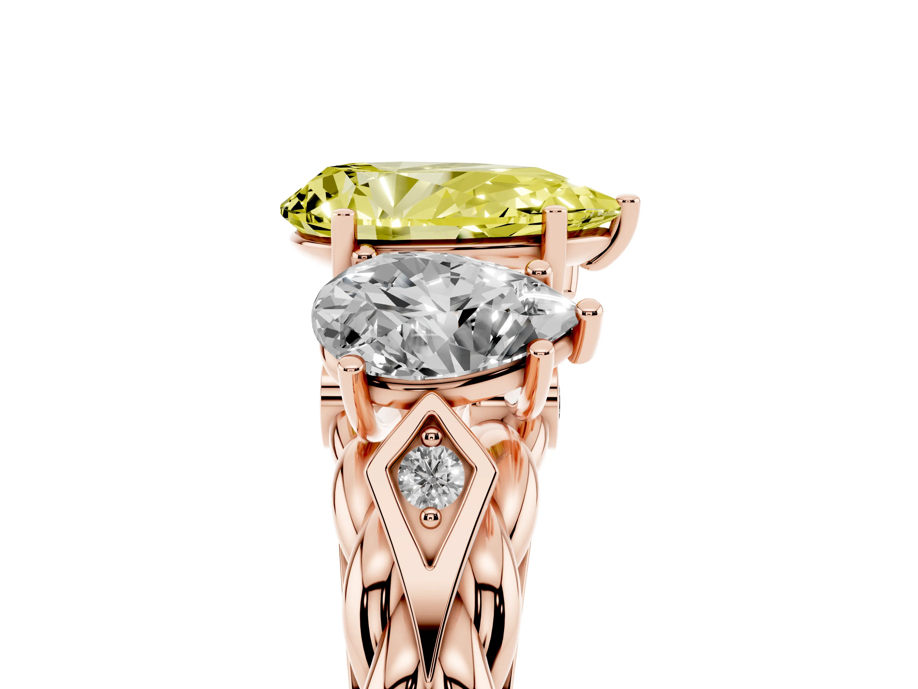Fancy Yellow Pear Cut Diamond Three-Stone Ring Set in Rose gold with Braided Band