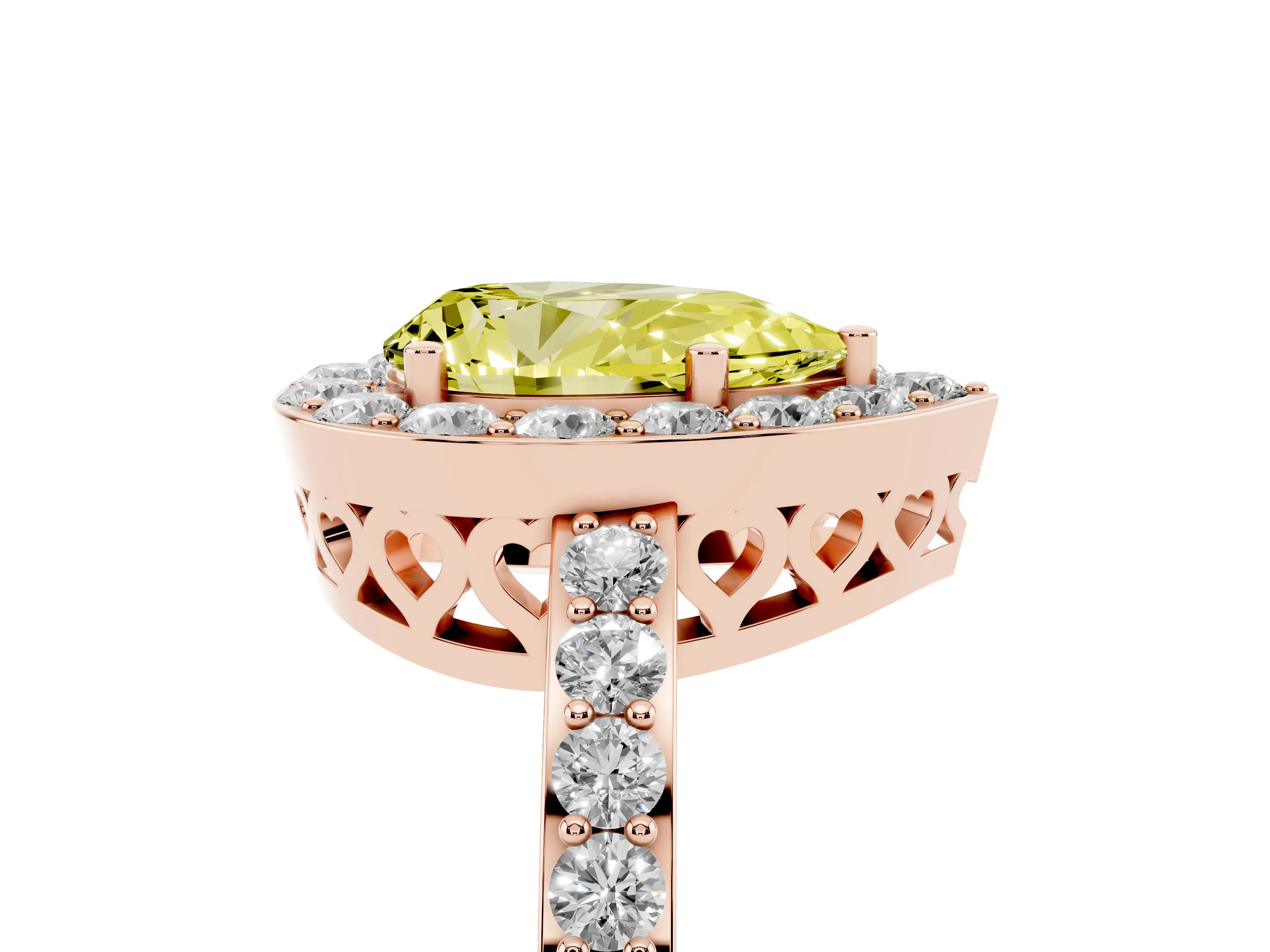 Fancy Yellow Pear Cut Diamond Halo Ring Set in Rose gold with Pavé-Setting Band and Open Prong Center