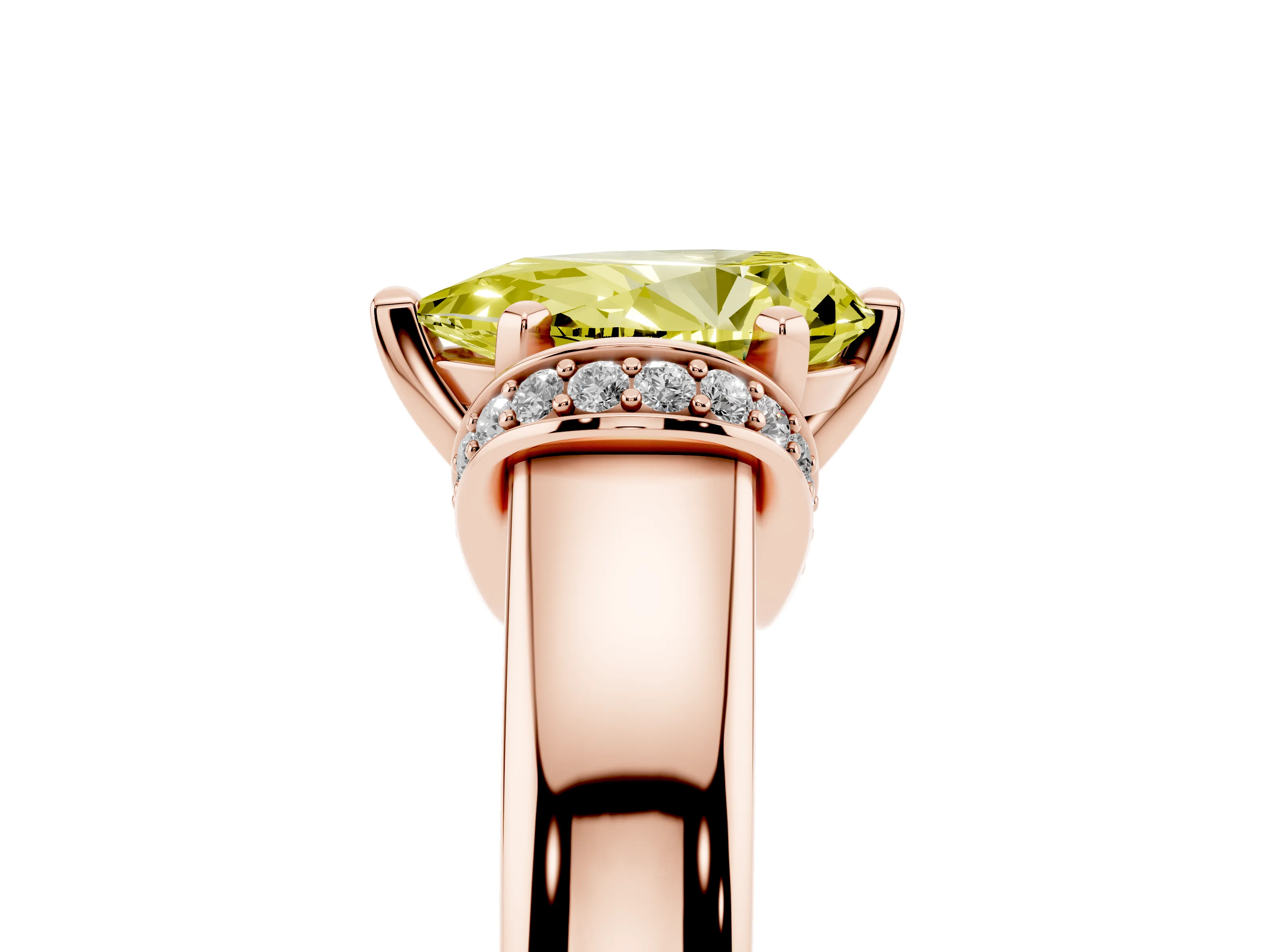 Fancy Yellow Pear Cut Diamond Pavé Band Solitaire Ring Set in Rose gold with Prong Setting