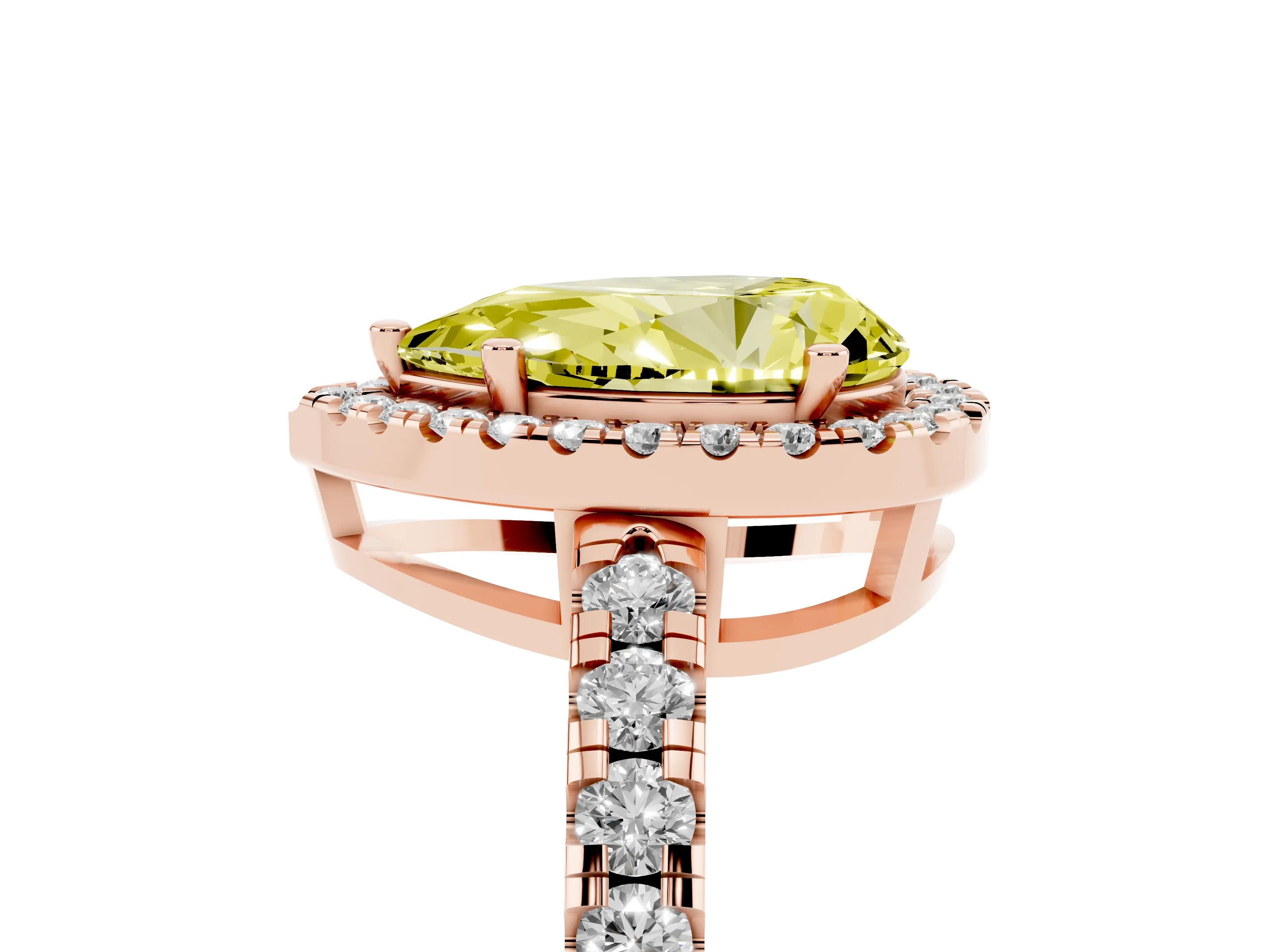 Fancy Yellow Pear Cut Diamond Halo Ring Set in Rose gold with Delicate Pavé Band and Prong Setting