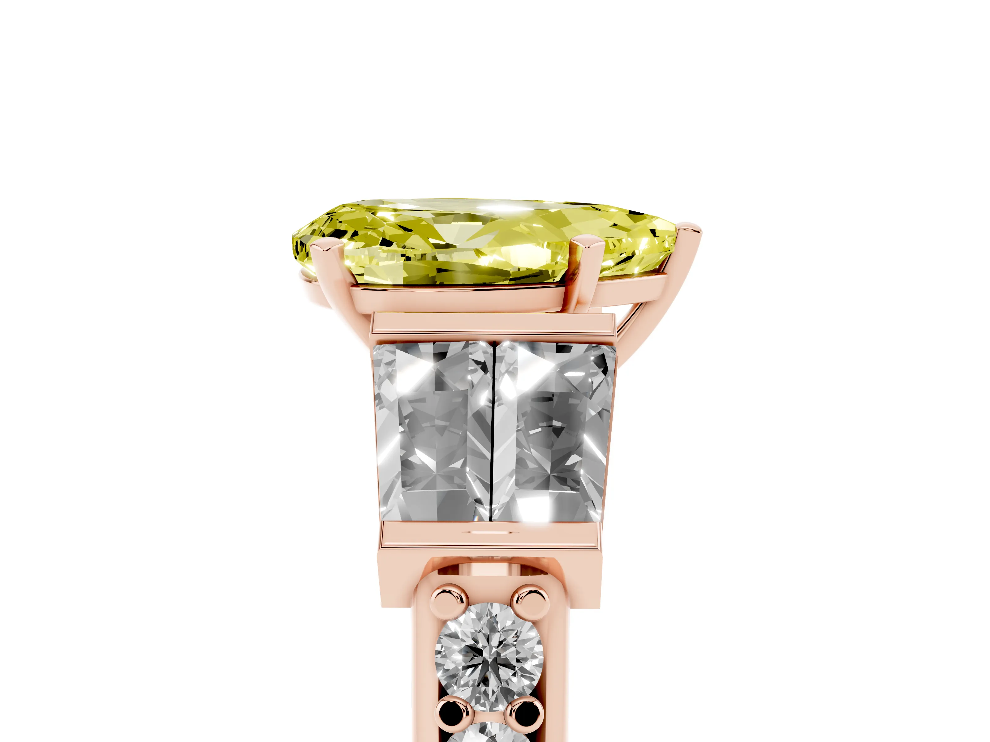 Fancy Yellow Pear Cut Diamond Engagement Ring Set in Rose gold with Baguette Side Stones and Channel Set Band