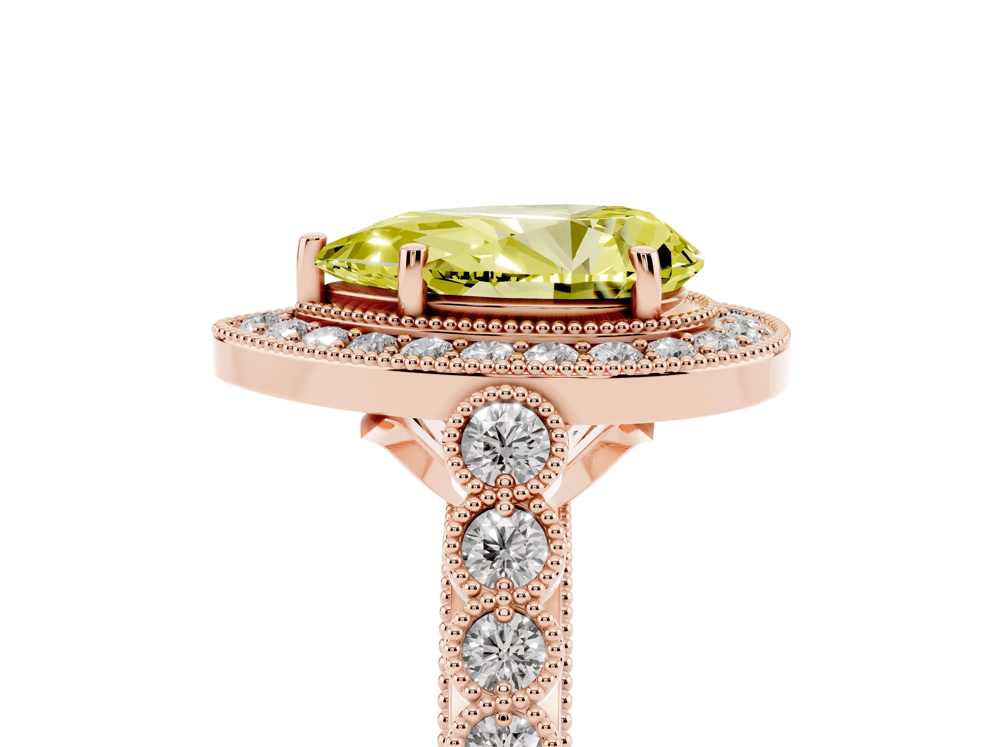 Fancy Yellow Pear Cut Diamond Milgrain Halo Solitaire Ring Set in Rose gold with Bezel Set Side Stones and Pavé Band