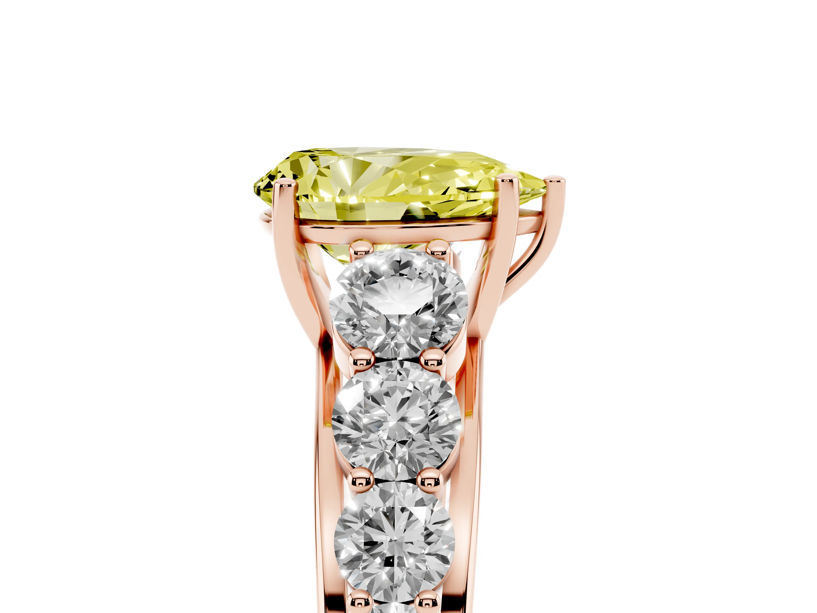 Fancy Yellow Pear Cut Diamond Solitaire Ring Set in Rose gold with Pavé-Set Band and Prong Setting