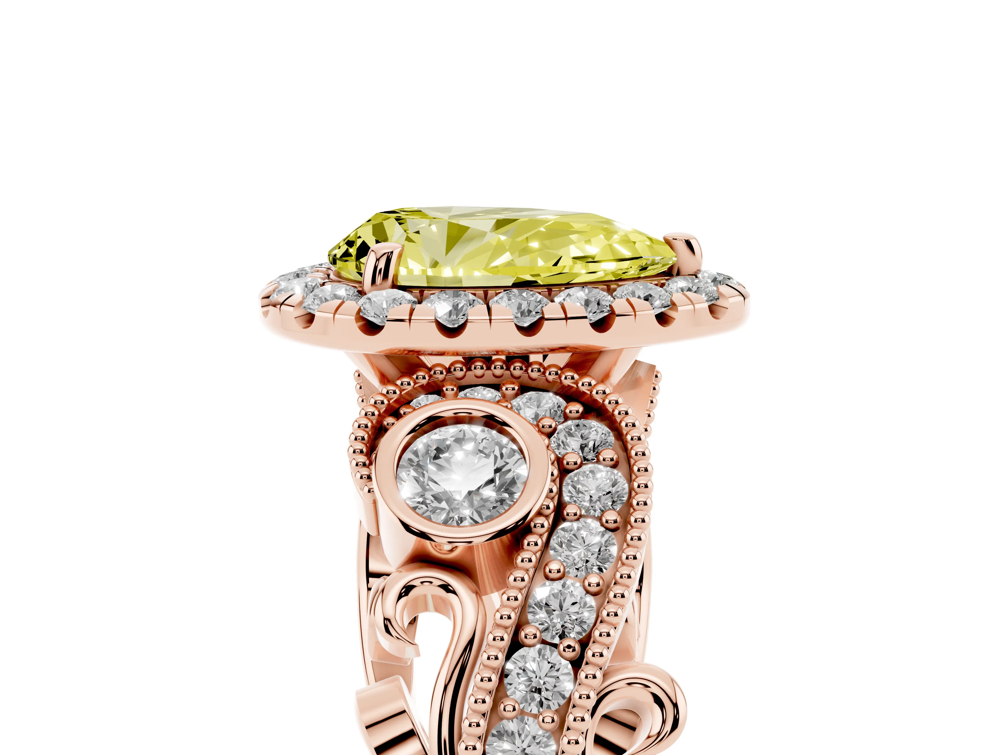 Fancy Yellow Pear Cut Diamond Halo Ring Set in Rose gold with Milgrain Pavé Band and Prong Setting