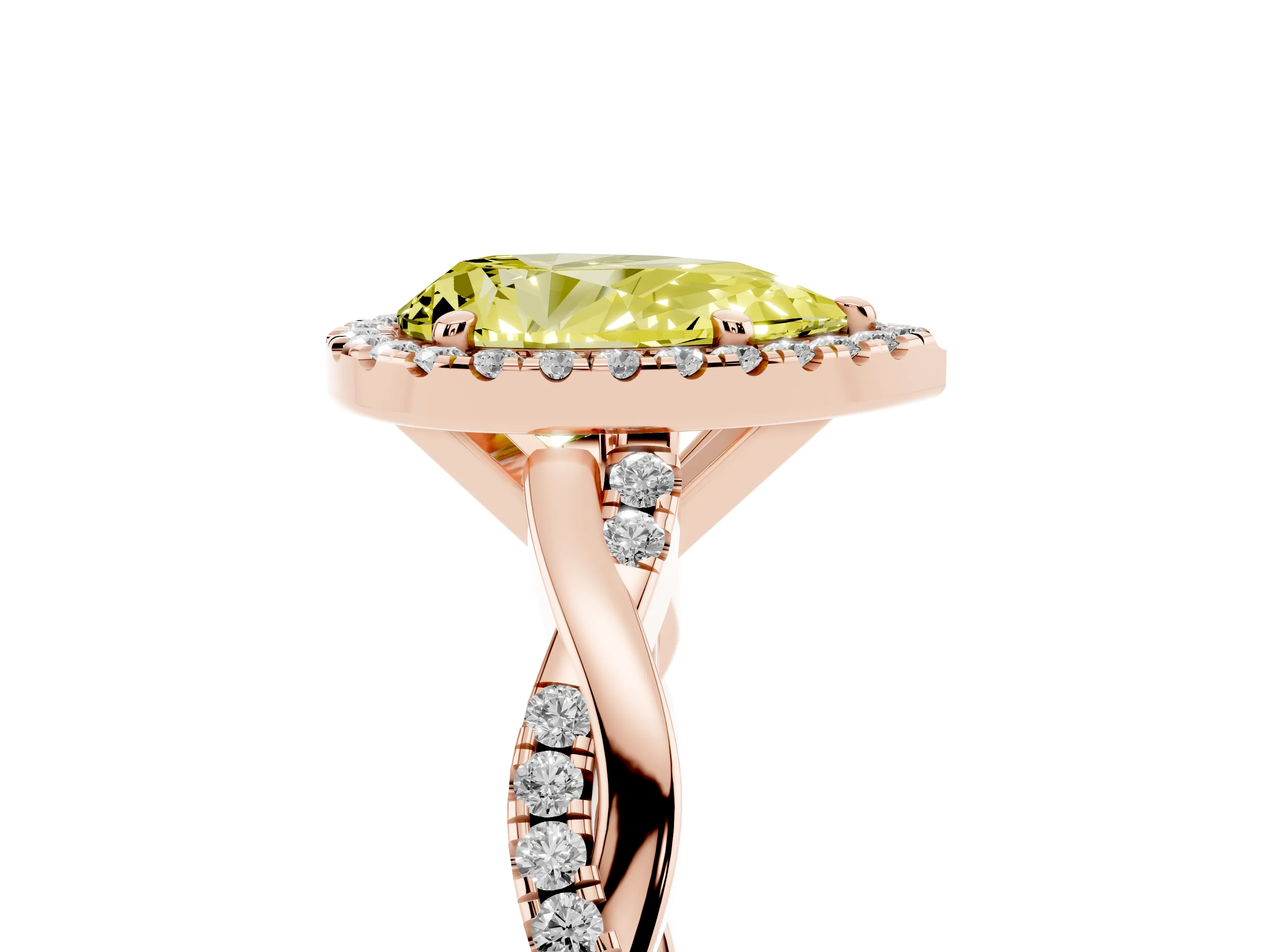 Fancy Yellow Pear Cut Diamond Halo Twisted Band Ring Set in Rose gold with Prong Setting