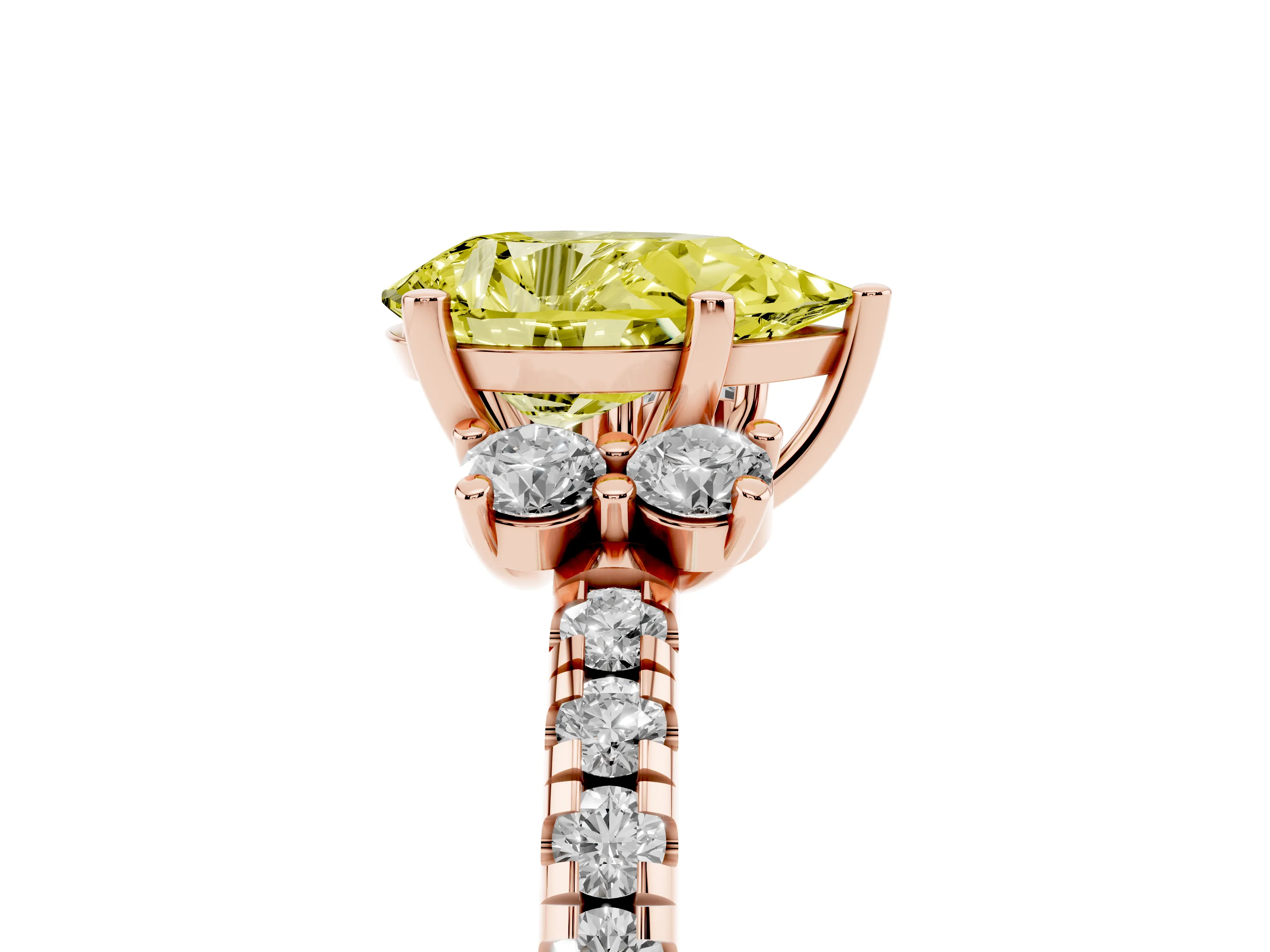 Fancy Yellow Pear Cut Diamond Three-Stone Pavé Ring Set in Rose gold with Prong Setting