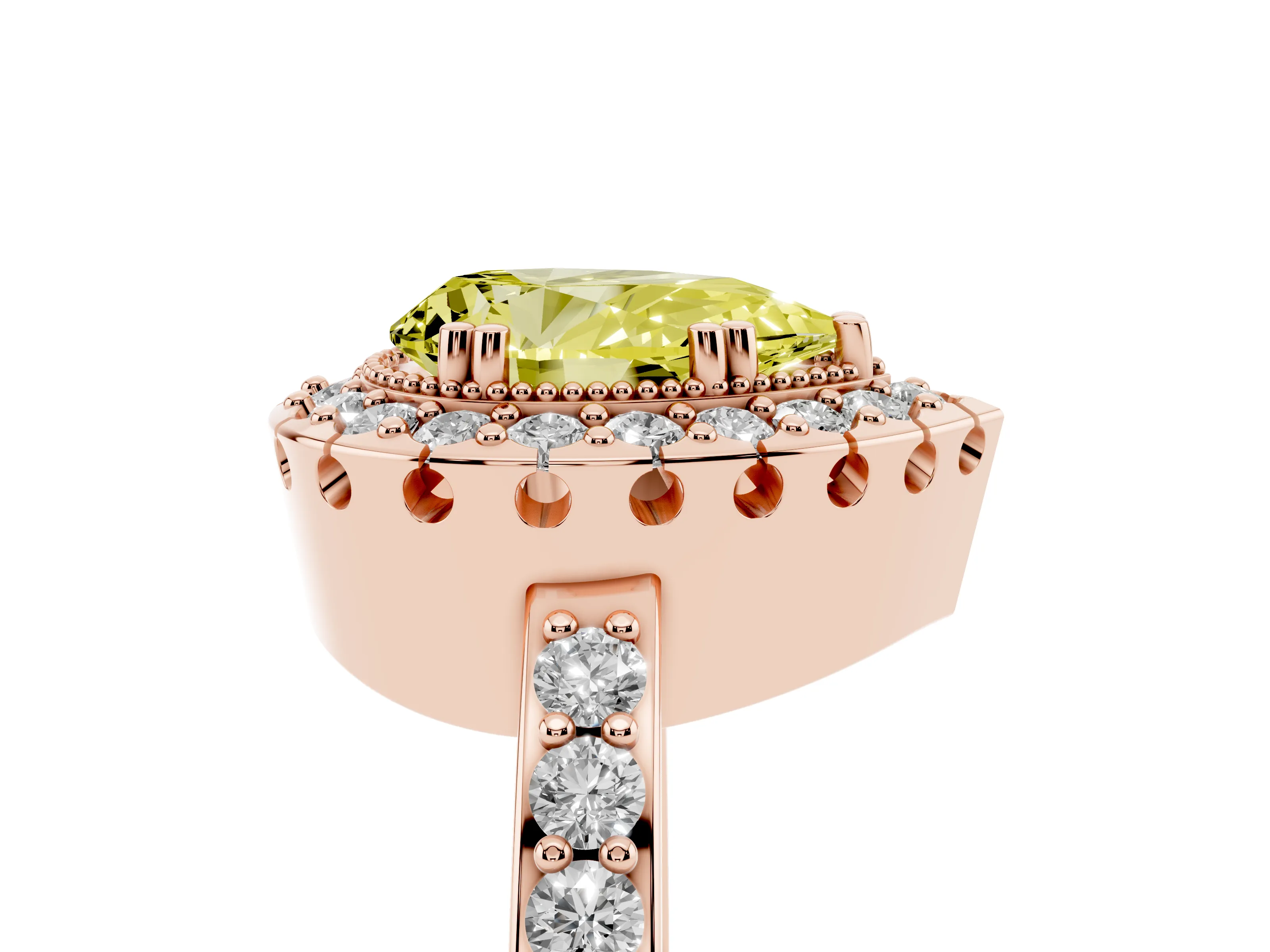 Fancy Yellow Pear Cut Diamond Halo Ring Set in Rose gold with Pavé Shank and Prong Setting