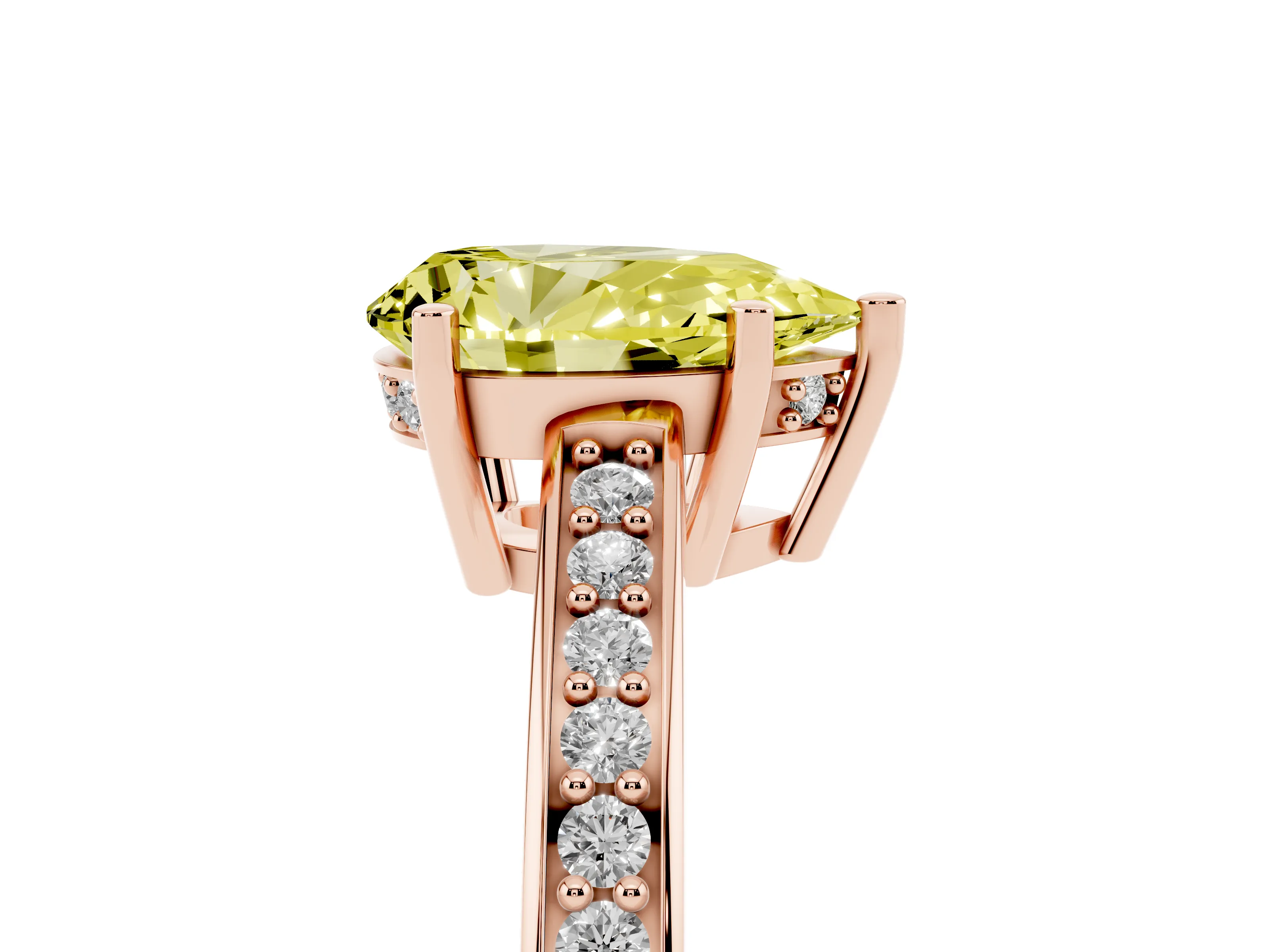 Fancy Yellow Pear Cut Diamond Pavé Band Prong Set Solitaire Ring Set in Rose gold