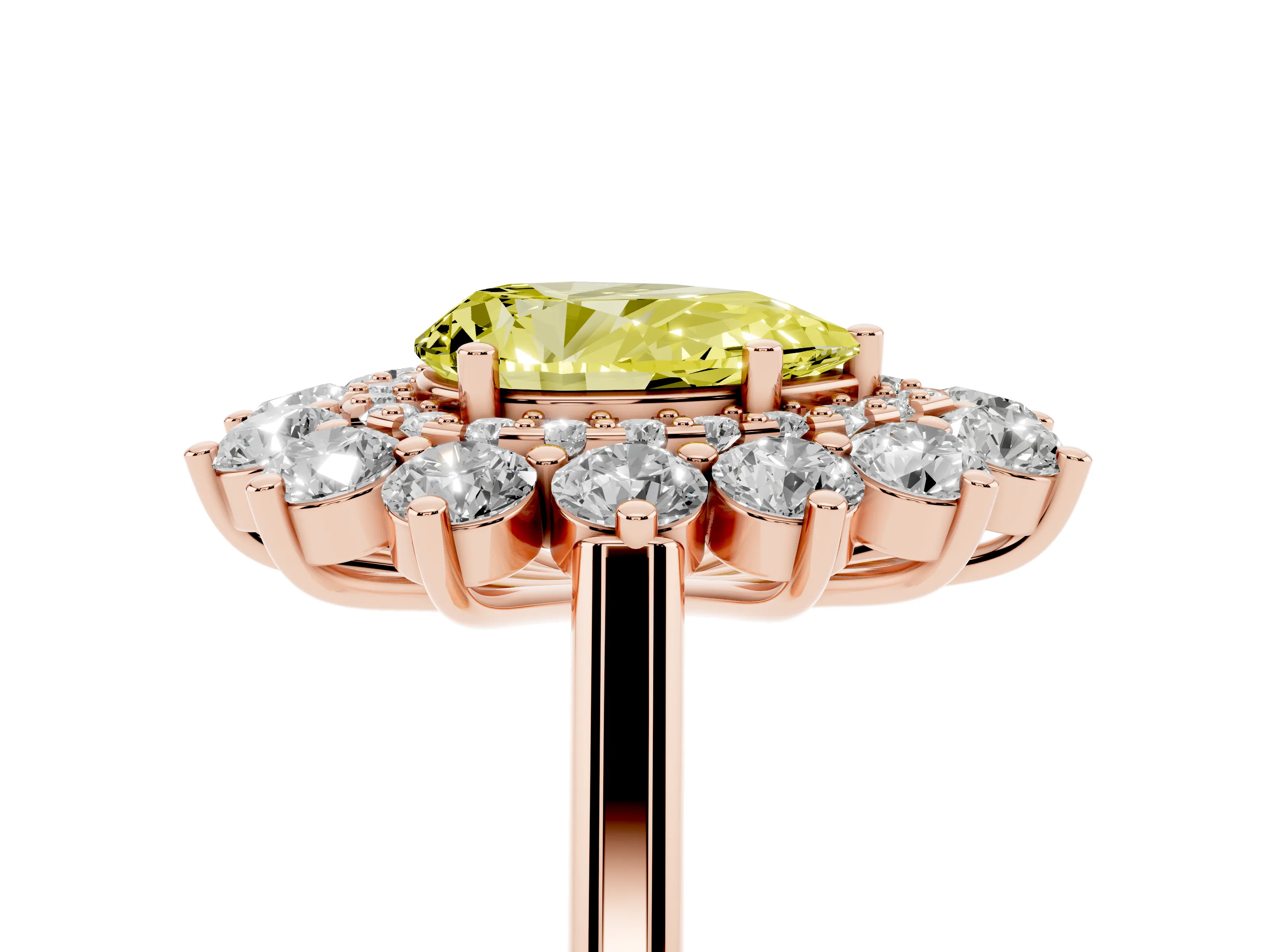 Fancy Yellow Pear Cut Diamond Floral Double Halo Ring Set in Rose gold with Round Petals