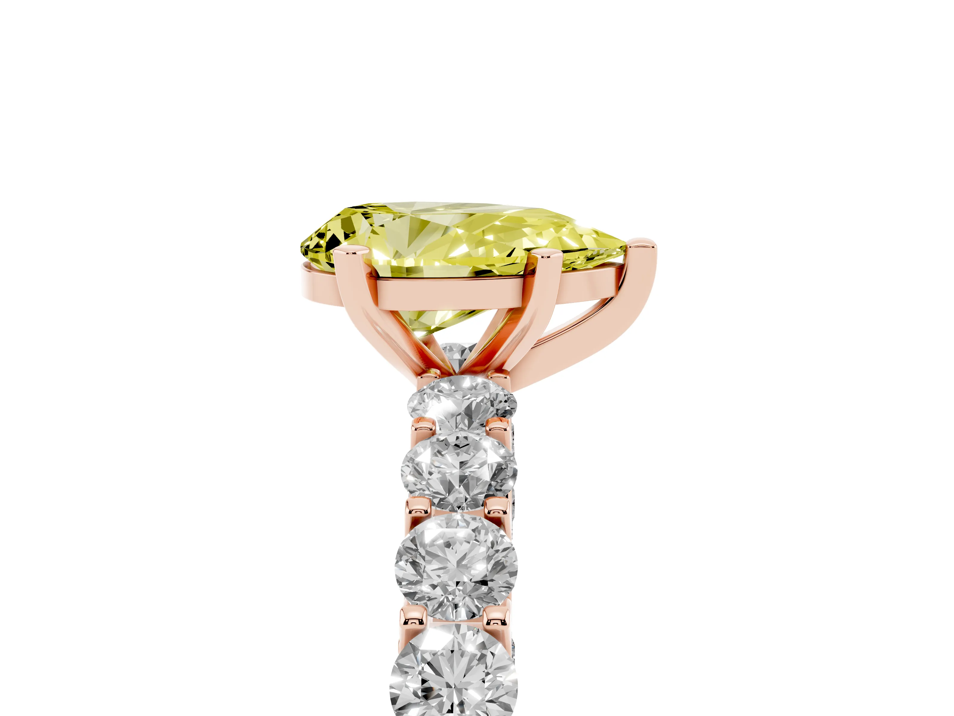 Fancy Yellow Pear Cut Diamond Solitaire Ring Set in Rose gold with Shared Prong Pavé Band