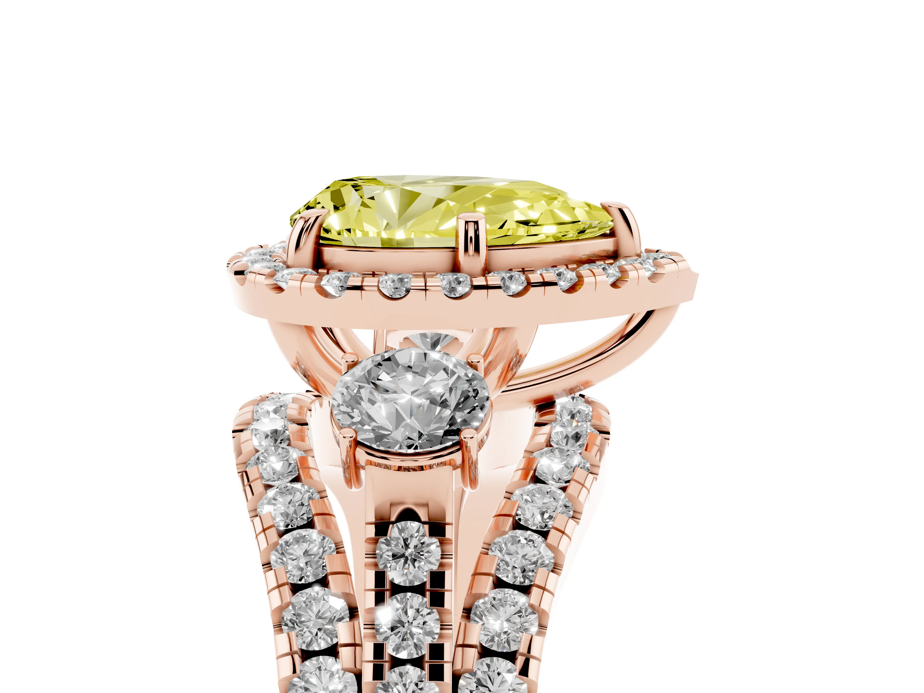 Fancy Yellow Pear Cut Diamond Halo Split Shank Ring Set in Rose gold with Round Accent Stones and Prong Setting
