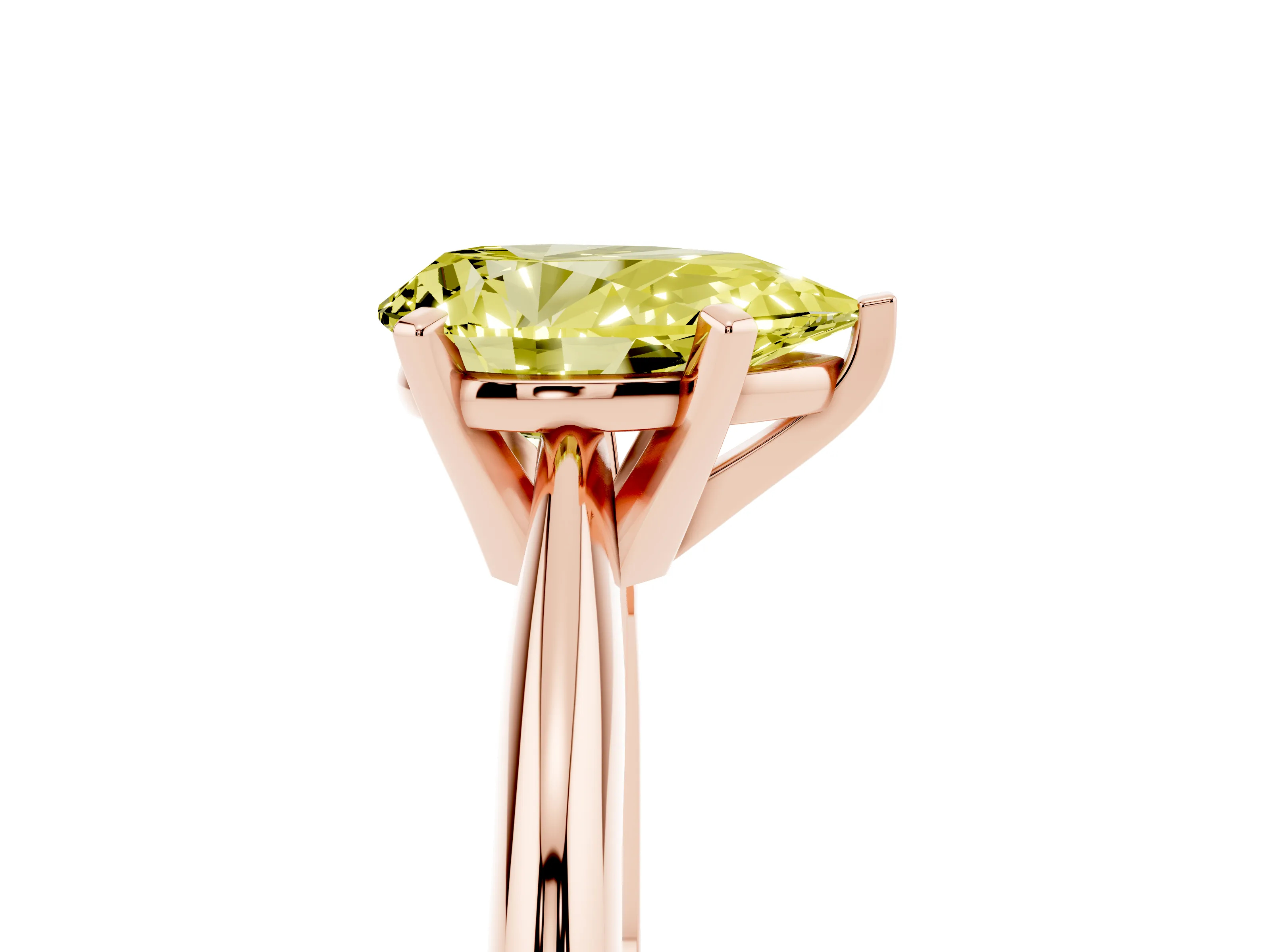 Fancy Yellow Pear Cut Diamond Solitaire Ring Set in Rose gold with Prong Setting on a Plain Round Band
