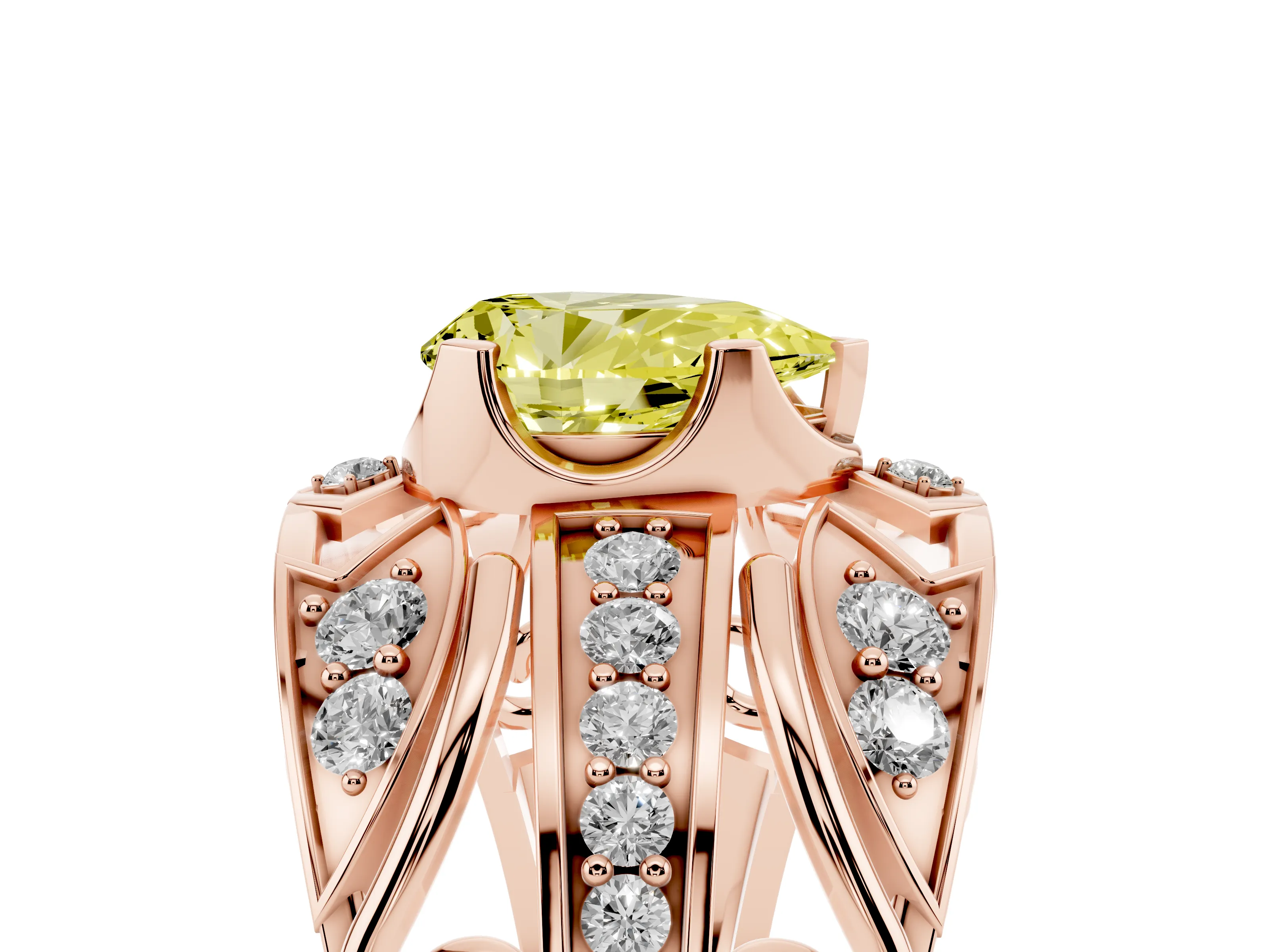 Fancy Yellow Pear Cut Diamond Art Deco Ring Set in Rose gold with Pavé Split Shank
