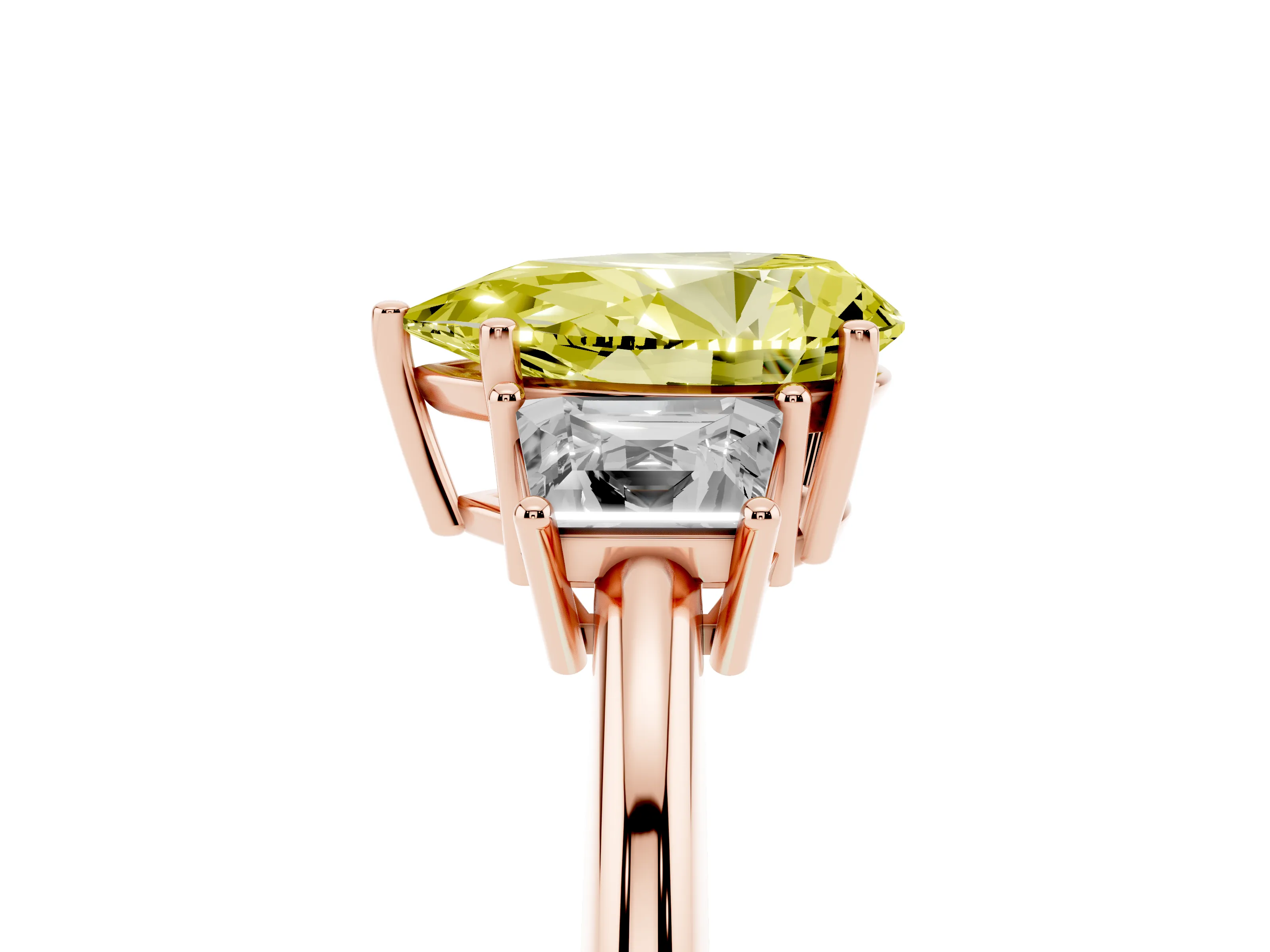 Fancy Yellow Pear Cut Diamond Three-Stone Ring Set in Rose gold with Trapezoid Side Stones and Prong Setting