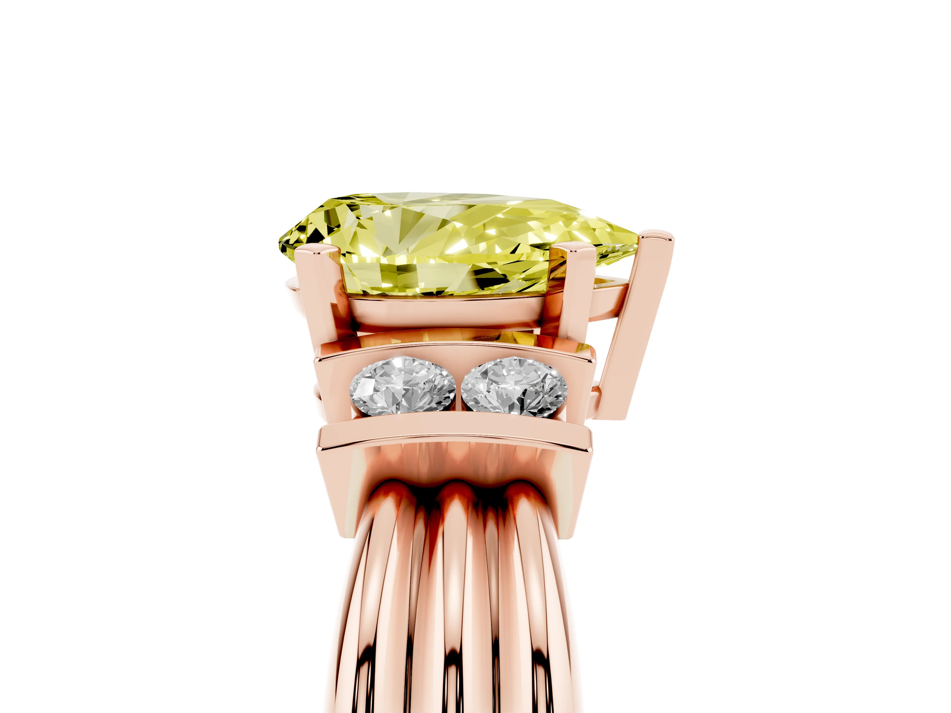 Fancy Yellow Three-Stone Pear Cut Diamond Channel Set Ring Set in Rose gold with Bar Prongs