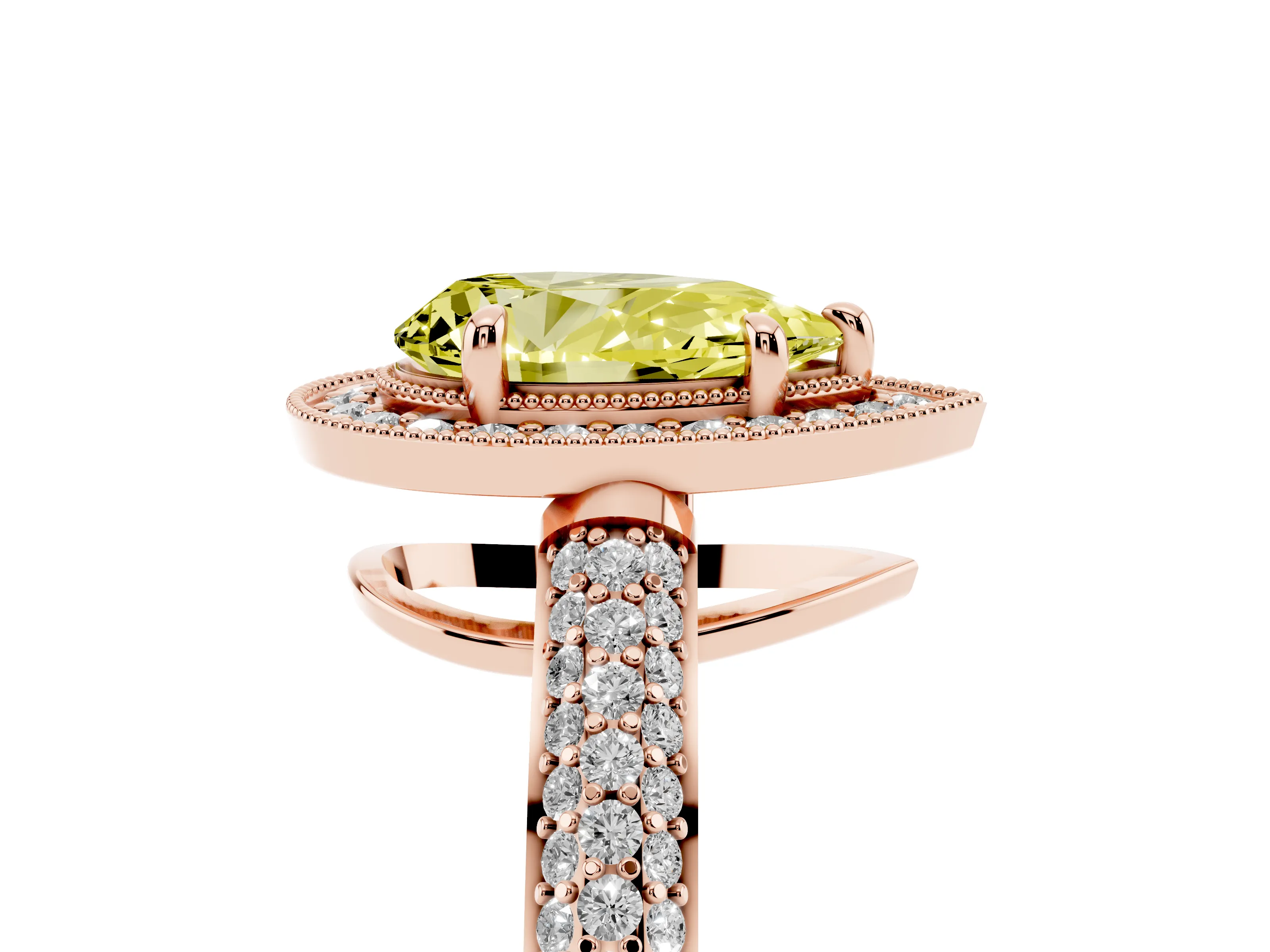 Fancy Yellow Pear Cut Diamond Halo Pavé Band Set in Rose gold with Prong Setting