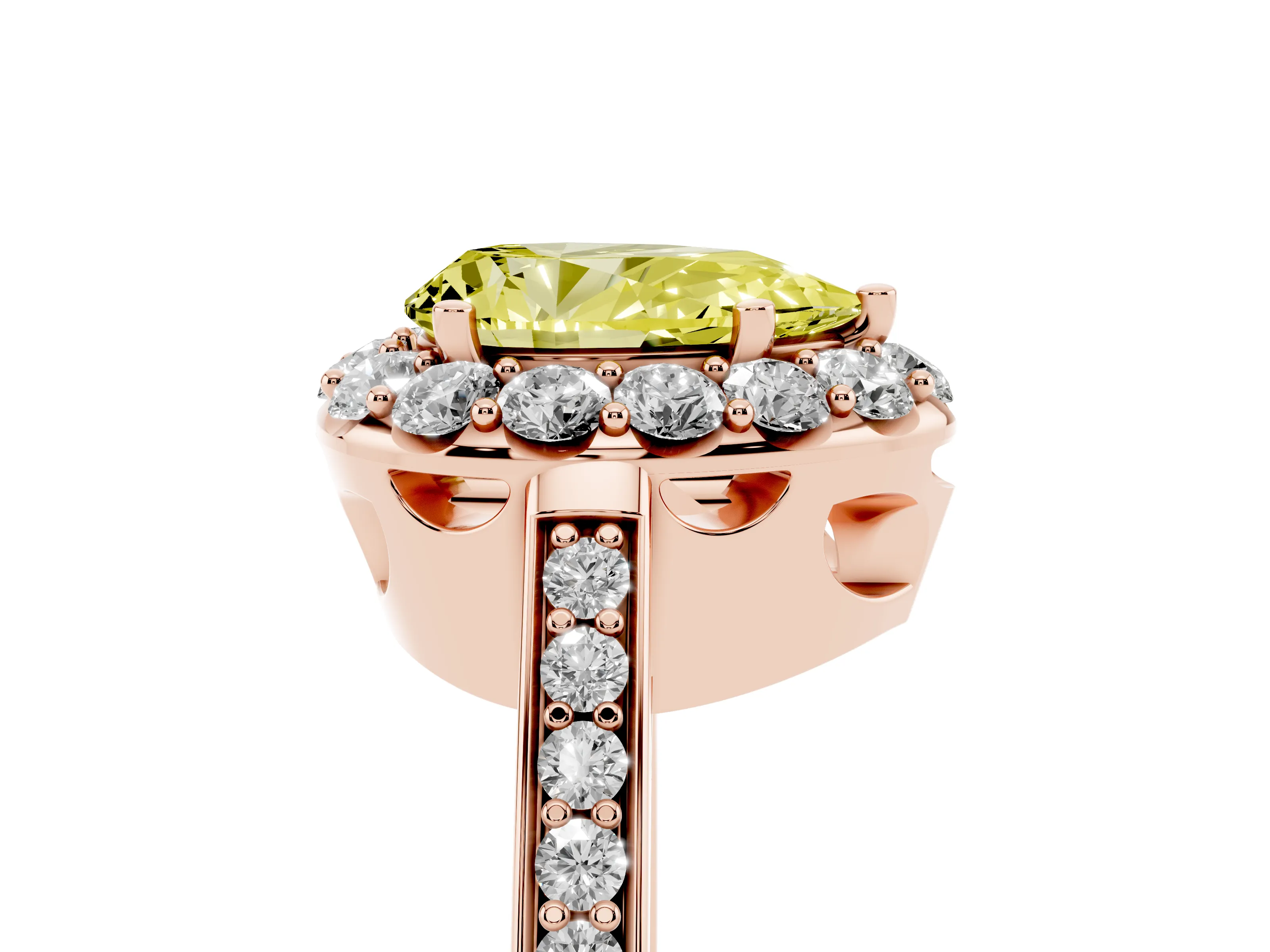 Fancy Yellow Pear Cut Diamond Floral Halo Ring Set in Rose gold with Pavé Band and Prong Setting