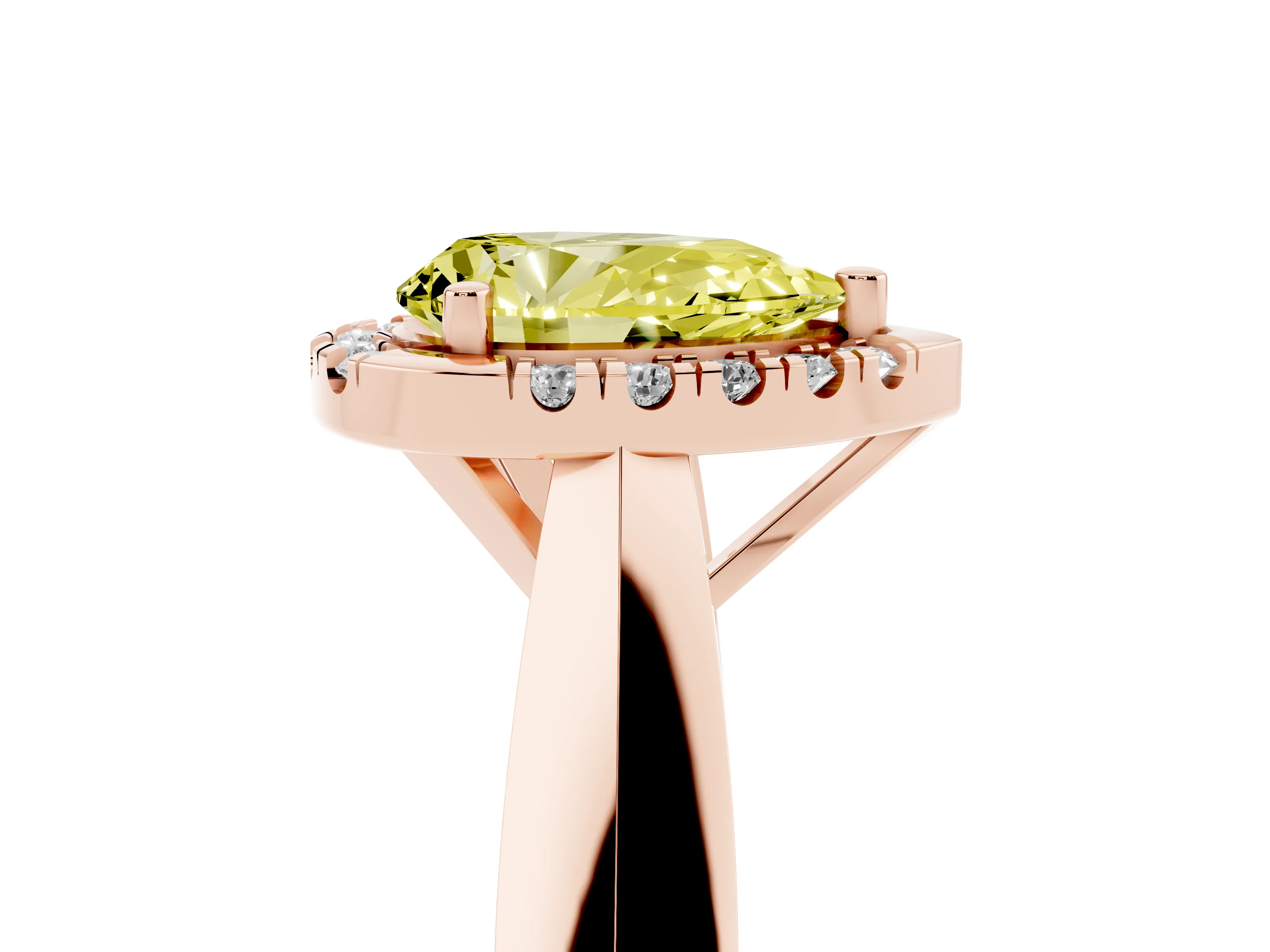 Fancy Yellow Pear Cut Diamond Halo Solitaire Engagement Ring Set in Rose gold with Square Band and Prong Setting