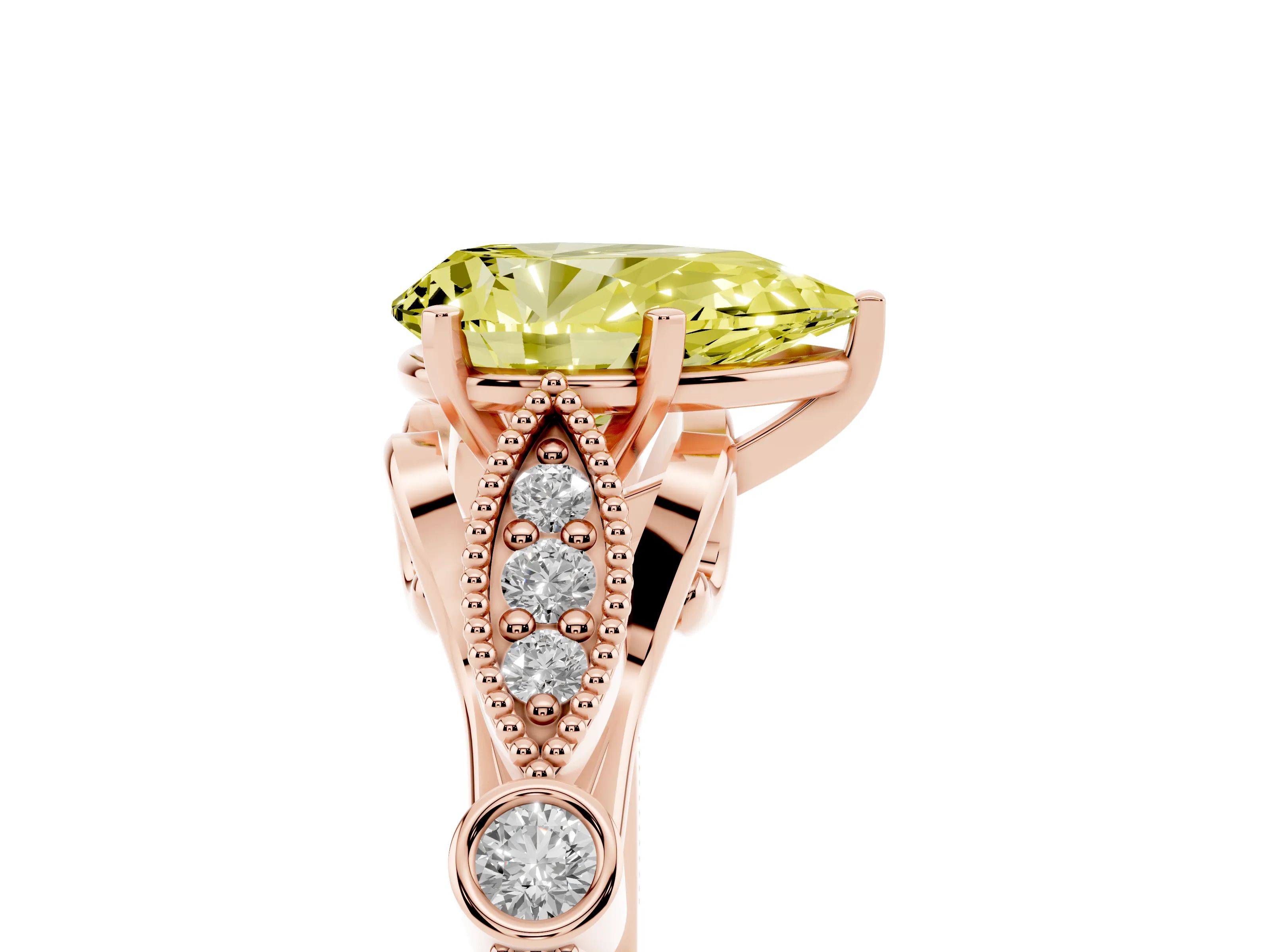 Fancy Yellow Pear Cut Diamond Solitaire Ring Set in Rose gold with Milgrain Marquise and Bezel Accents
