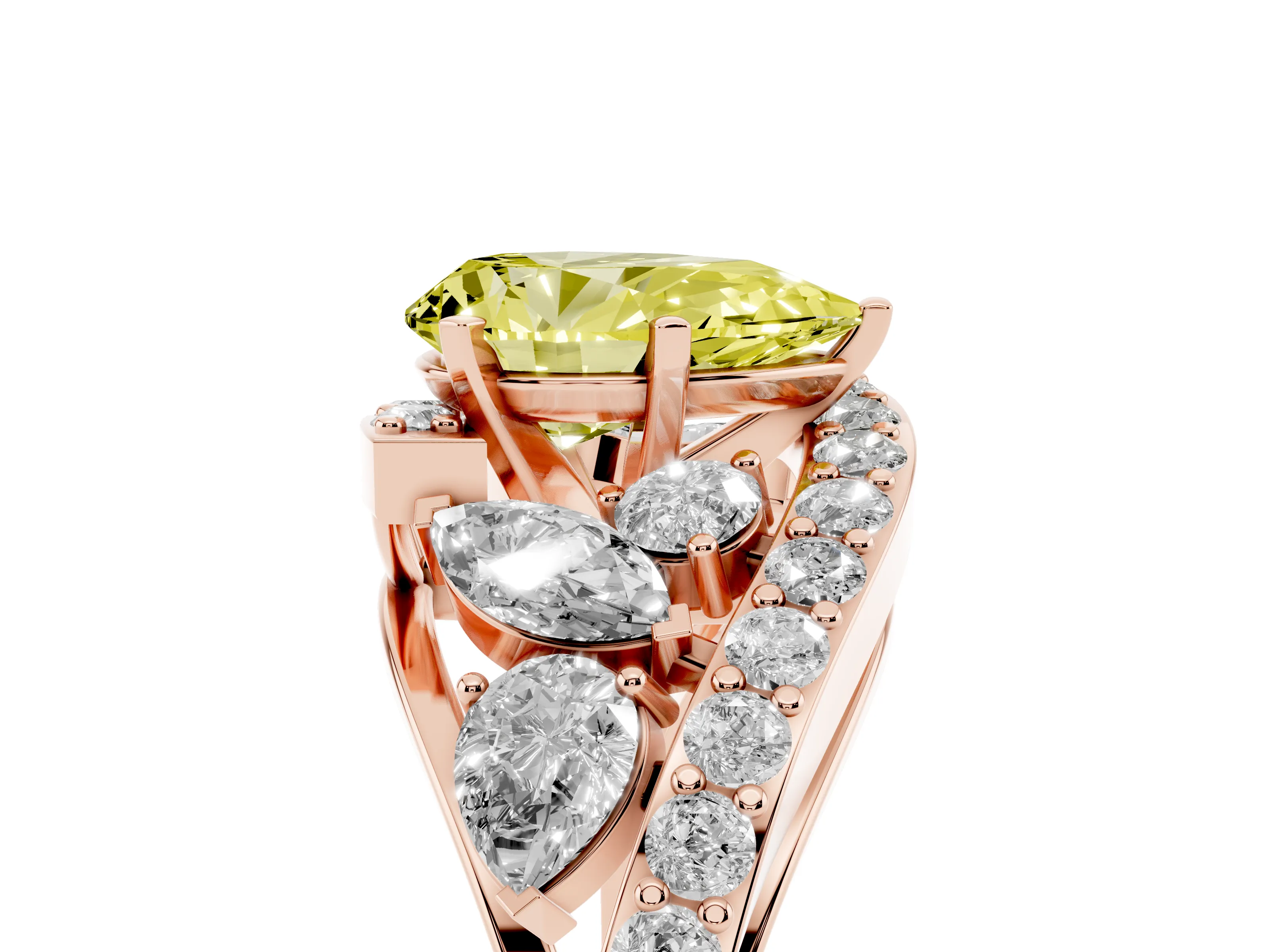 Fancy Yellow Pear Cut Diamond Halo Ring Set in Rose gold with Marquise and Pavé Band in Prong Setting
