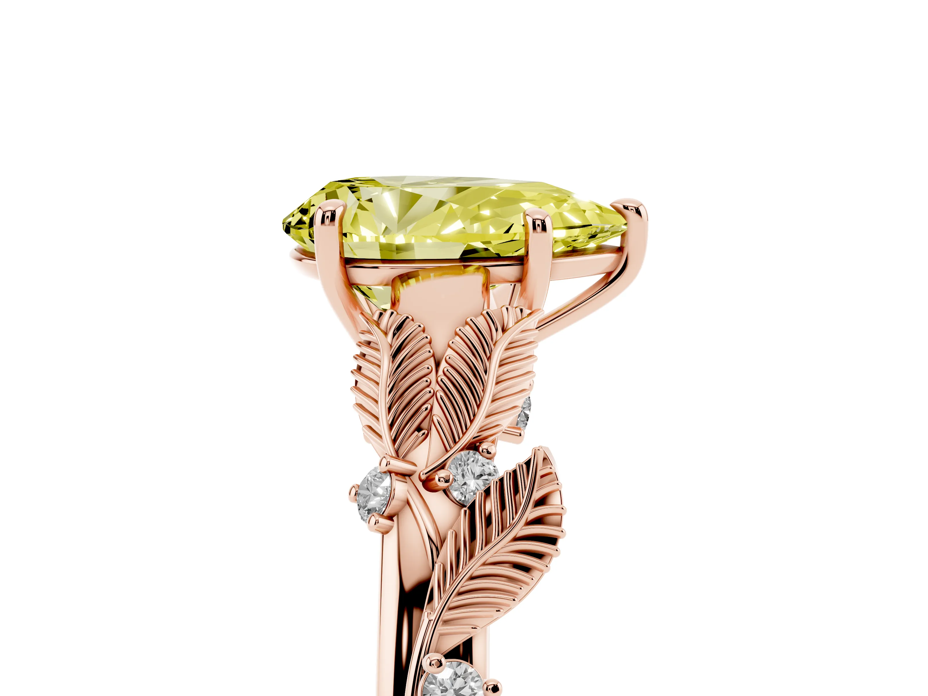Fancy Yellow Pear Cut Diamond Solitaire Ring Set in Rose gold with Leaf Motif Band