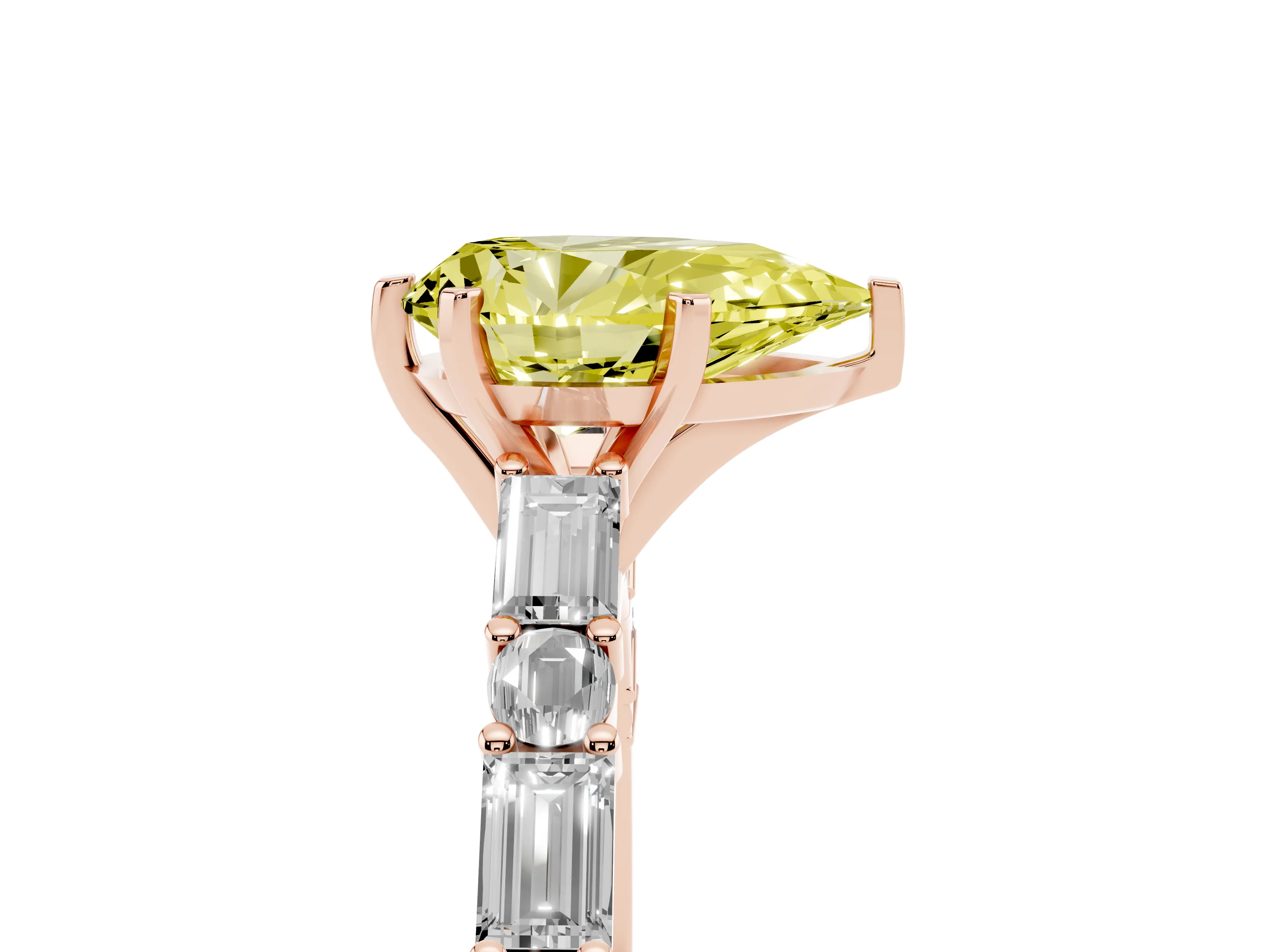 Fancy Yellow Pear Cut Diamond Solitaire Set in Rose gold with Side Baguettes and Channel Set Band