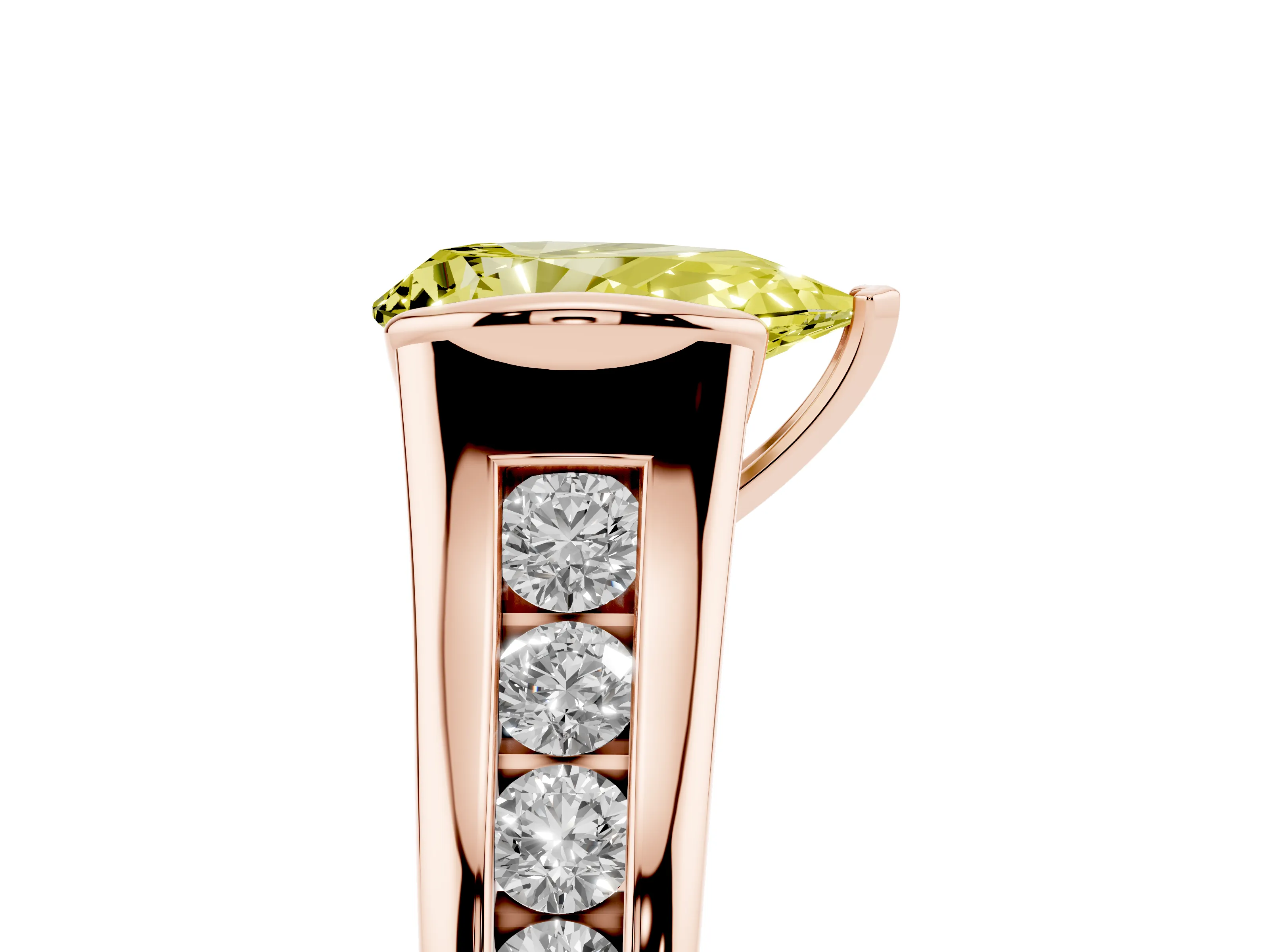 Fancy Yellow Pear Cut Diamond Bezel-Set Solitaire Ring Set in Rose gold with Channel-Set Band