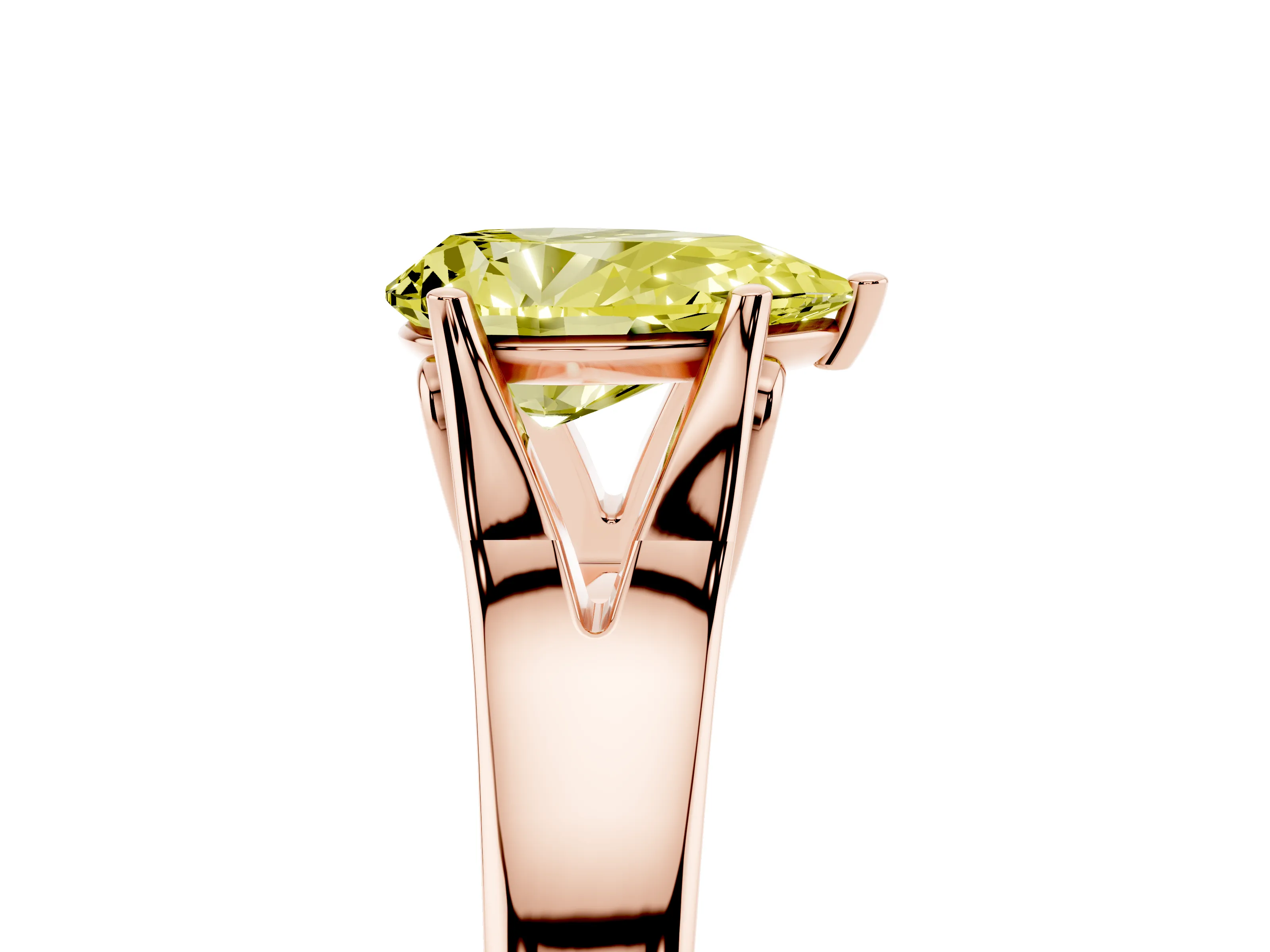 Fancy Yellow Pear Cut Diamond Solitaire Ring Set in Rose gold with Arched Cathedral Band and Prong Setting
