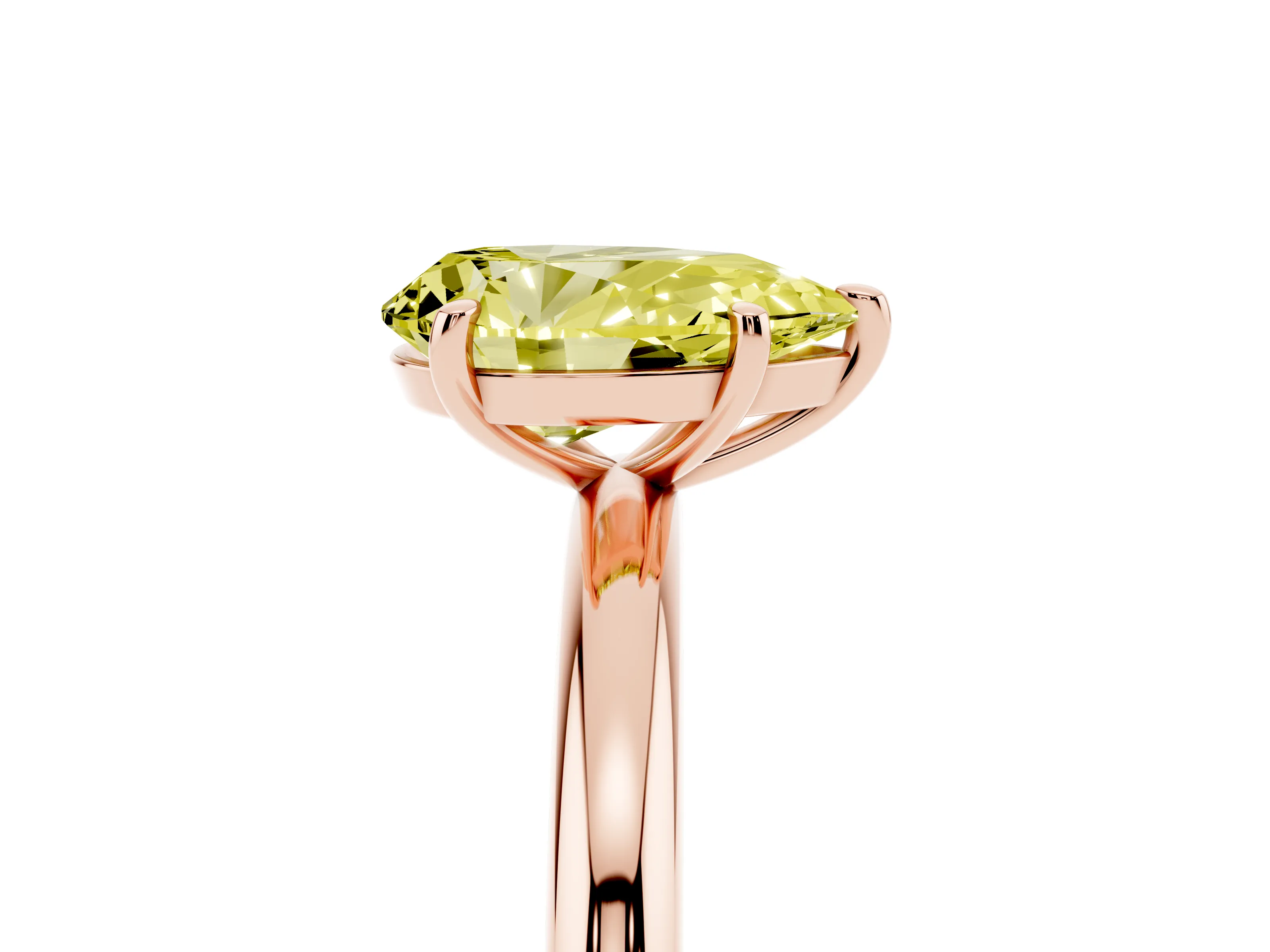 Fancy Yellow Pear Cut Diamond Solitaire Ring Set in Rose gold with Prong Setting on a Polished Plain Band