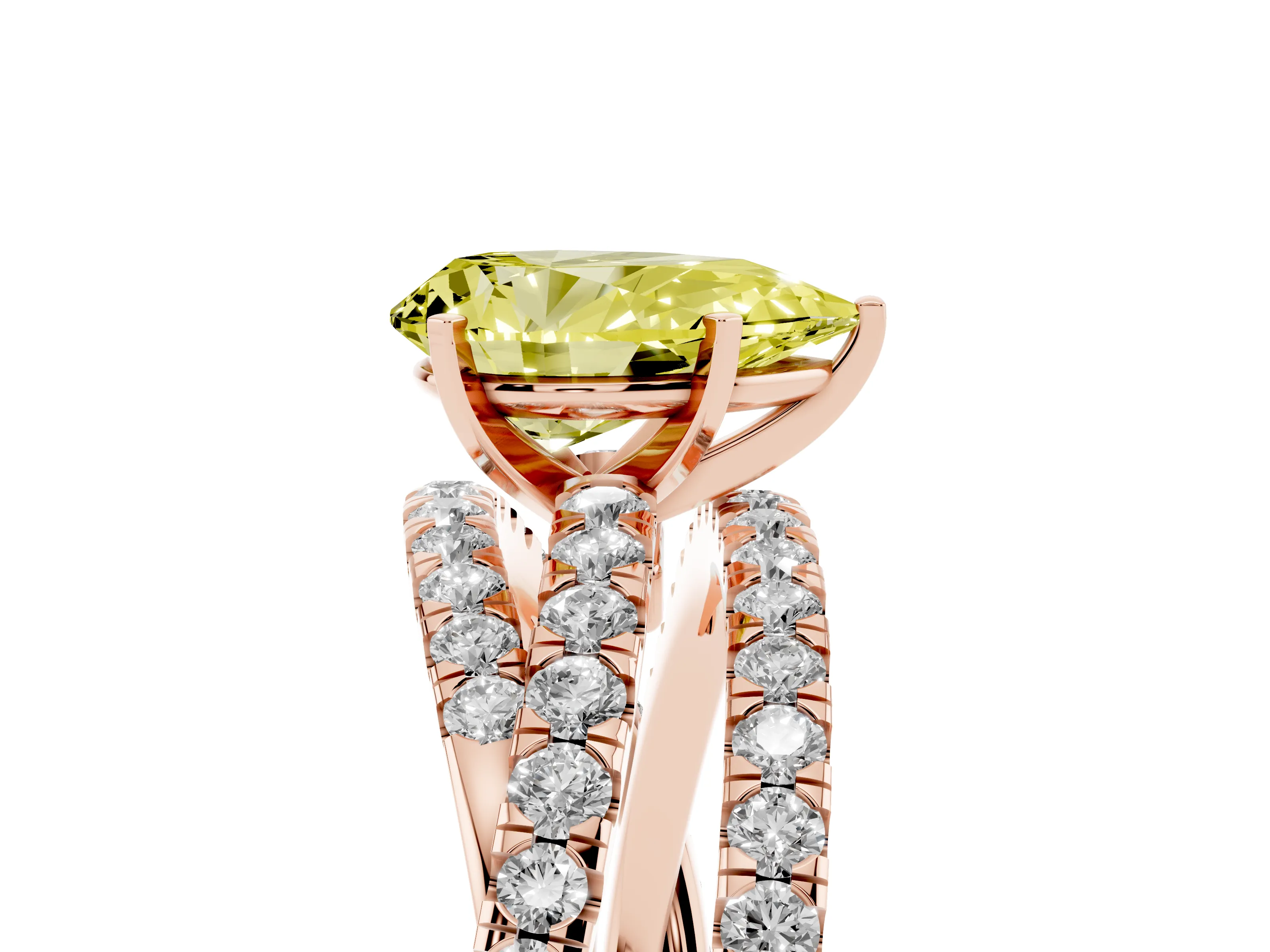 Fancy Yellow Pear Cut Diamond Solitaire Twist Band Ring Set in Rose gold with Pavé Setting and Prong Head
