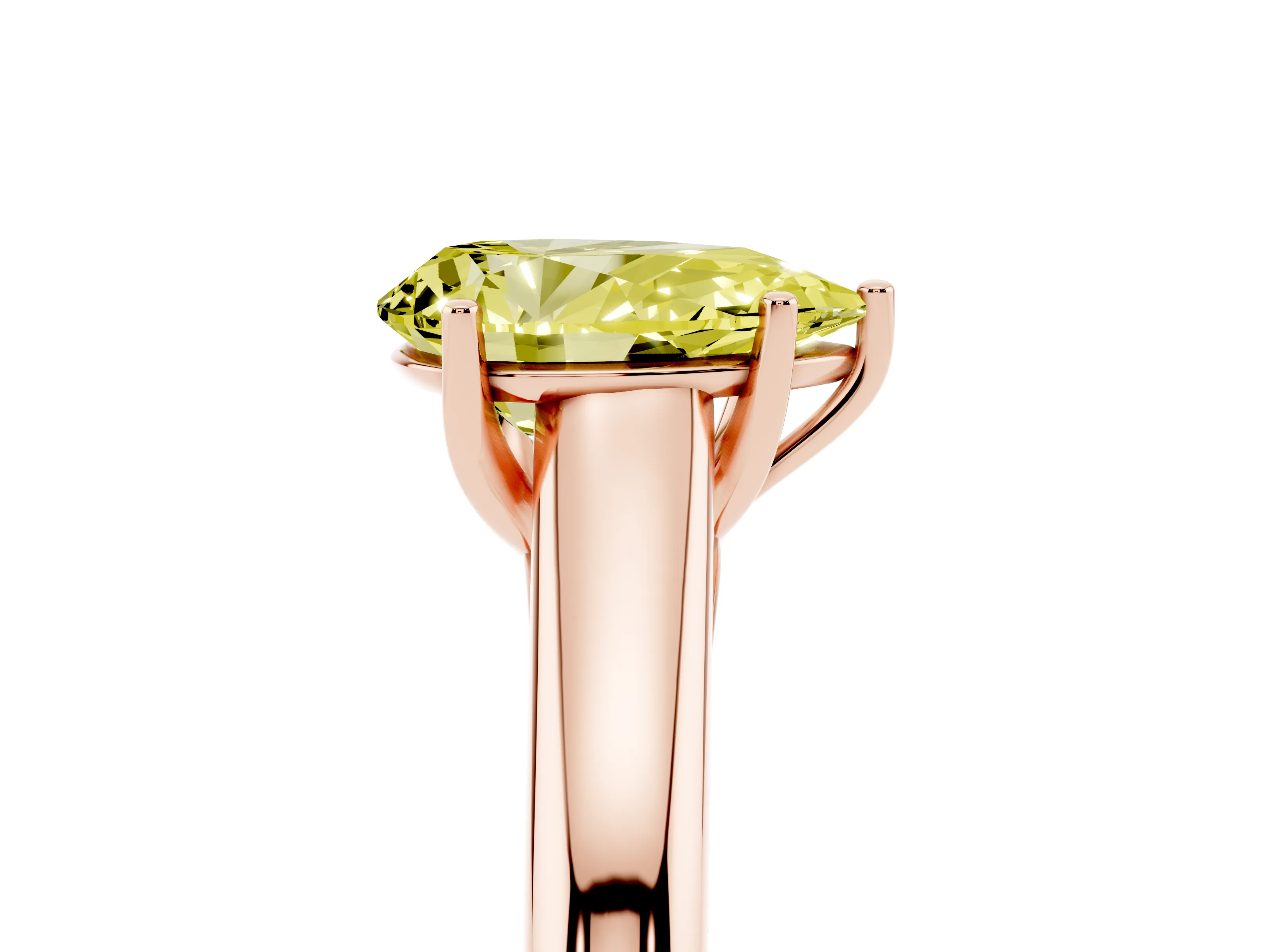 Fancy Yellow Pear Cut Diamond Solitaire Engagement Ring Set in Rose gold with Subtly Tapered Band and Prong Setting