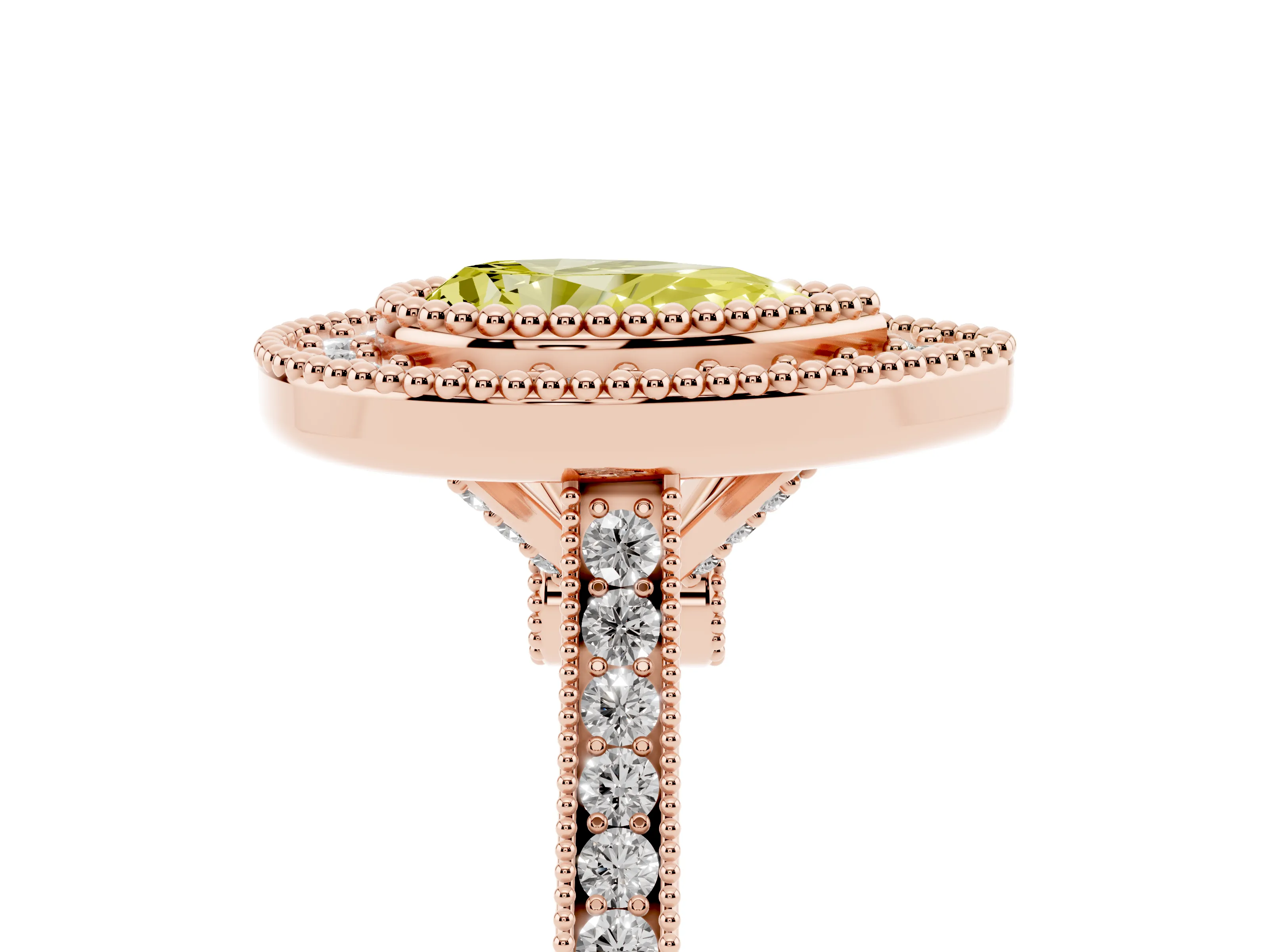 Fancy Yellow Pear Cut Diamond Halo Ring Set in Rose gold with Milgrain Frame and Pavé Band