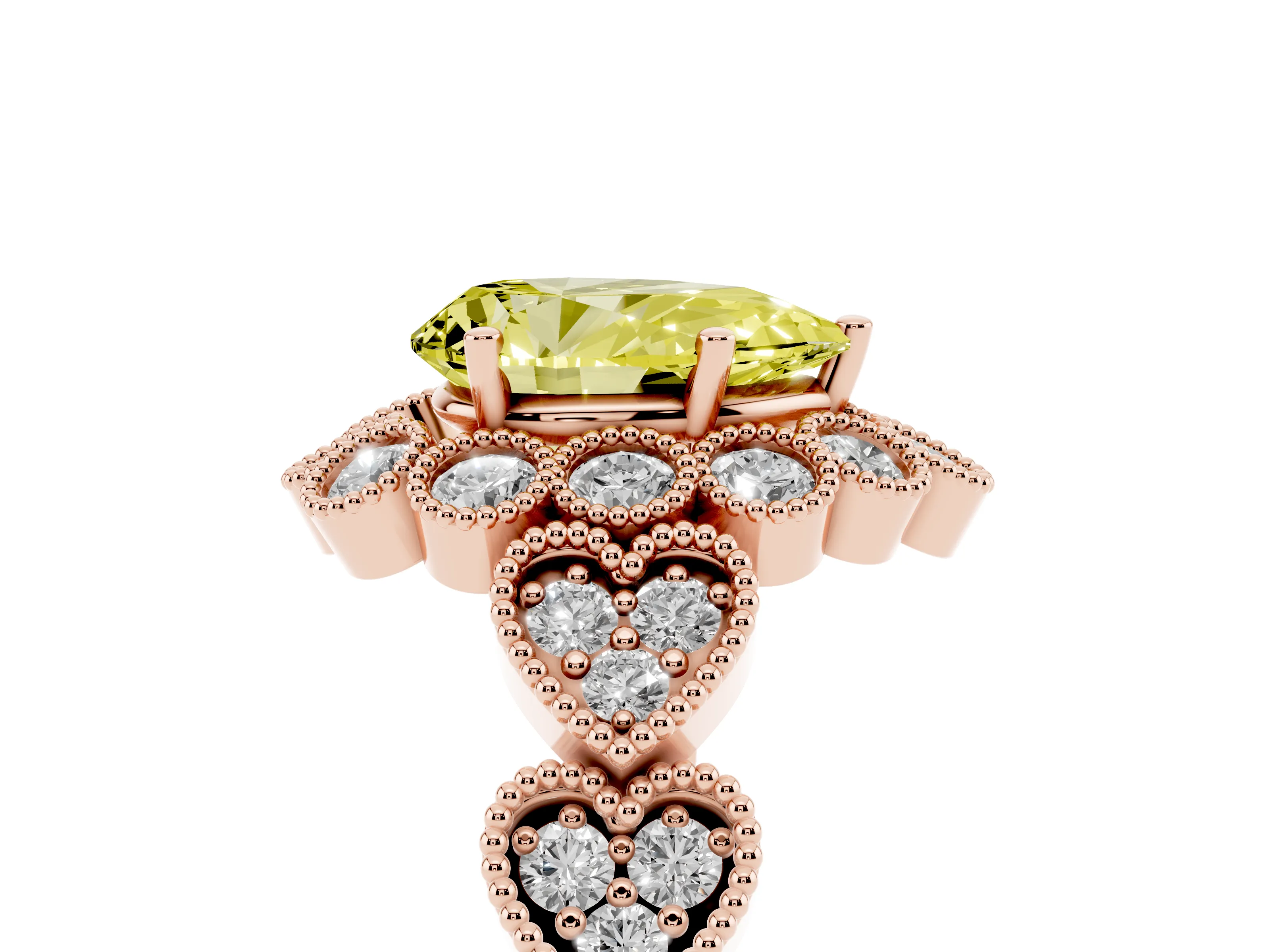 Fancy Yellow Pear Cut Diamond Solitaire Ring Set in Rose gold with Milgrain Pavé Heart Band