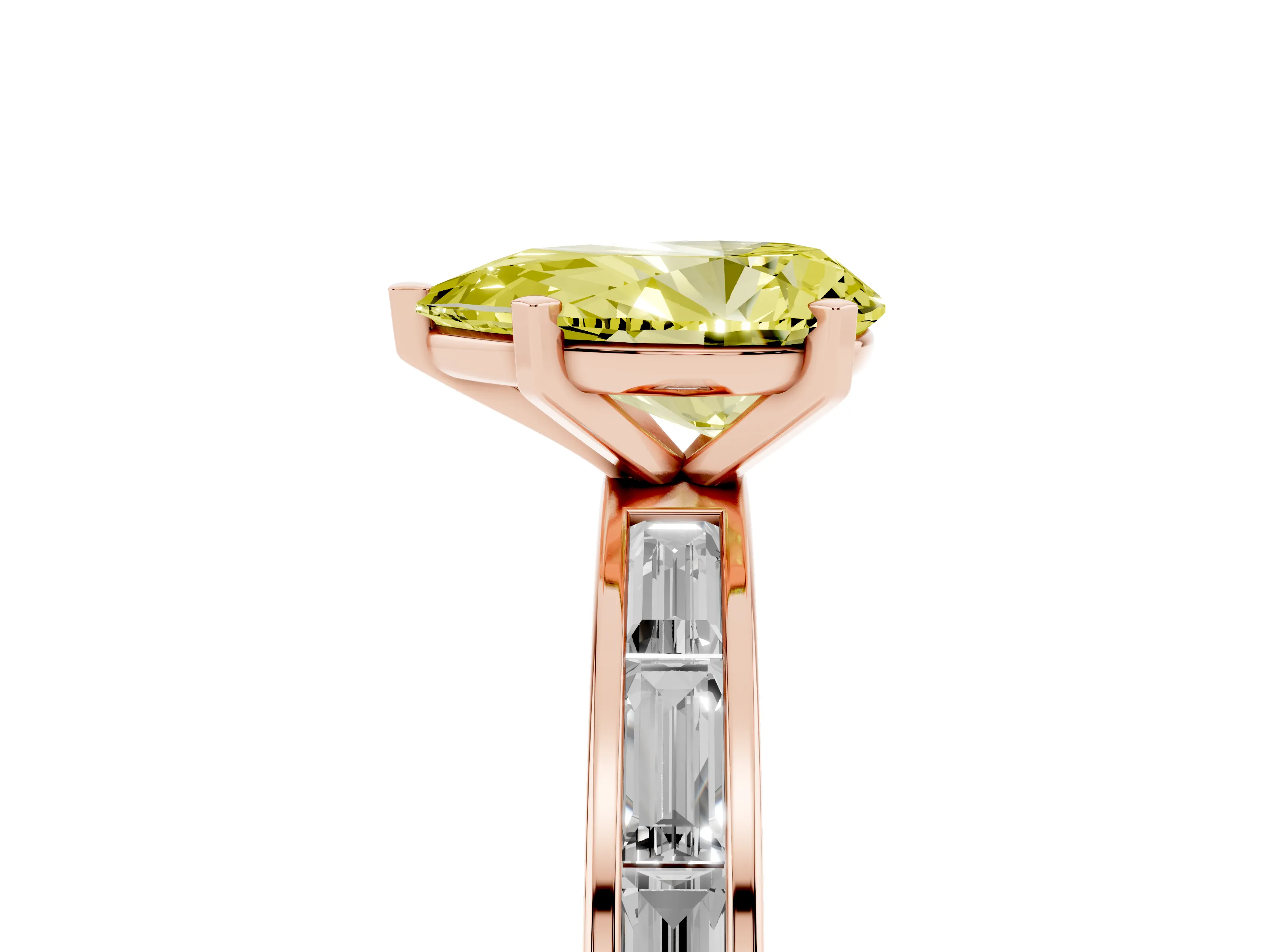 Fancy Yellow Pear Cut Diamond Solitaire Ring Set in Rose gold with Channel-Set Baguette Band and Prong Setting