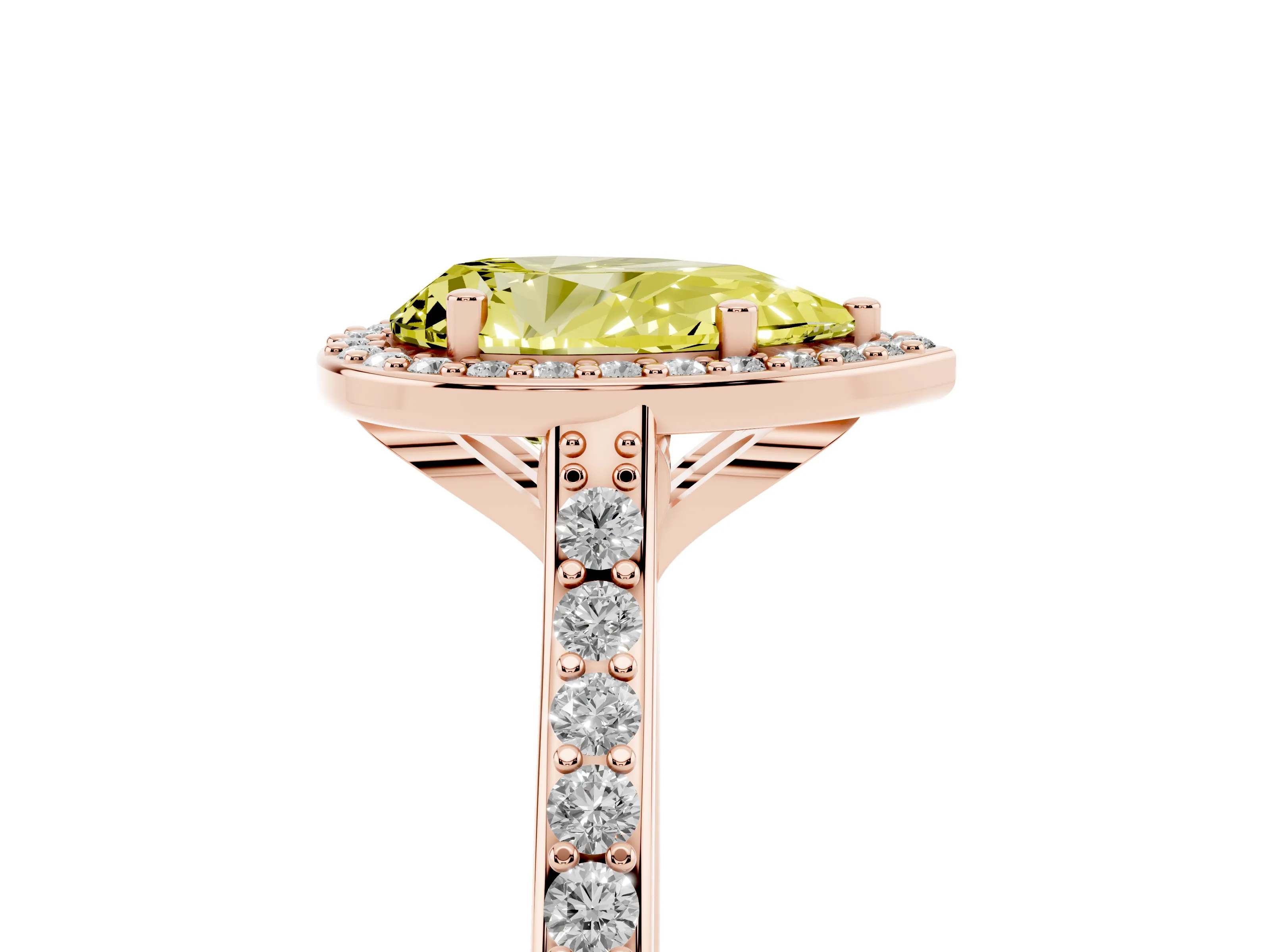 Fancy Yellow Pear Cut Diamond Halo Engagement Ring Set in Rose gold with Round Pavé Shoulders and Heart Gallery