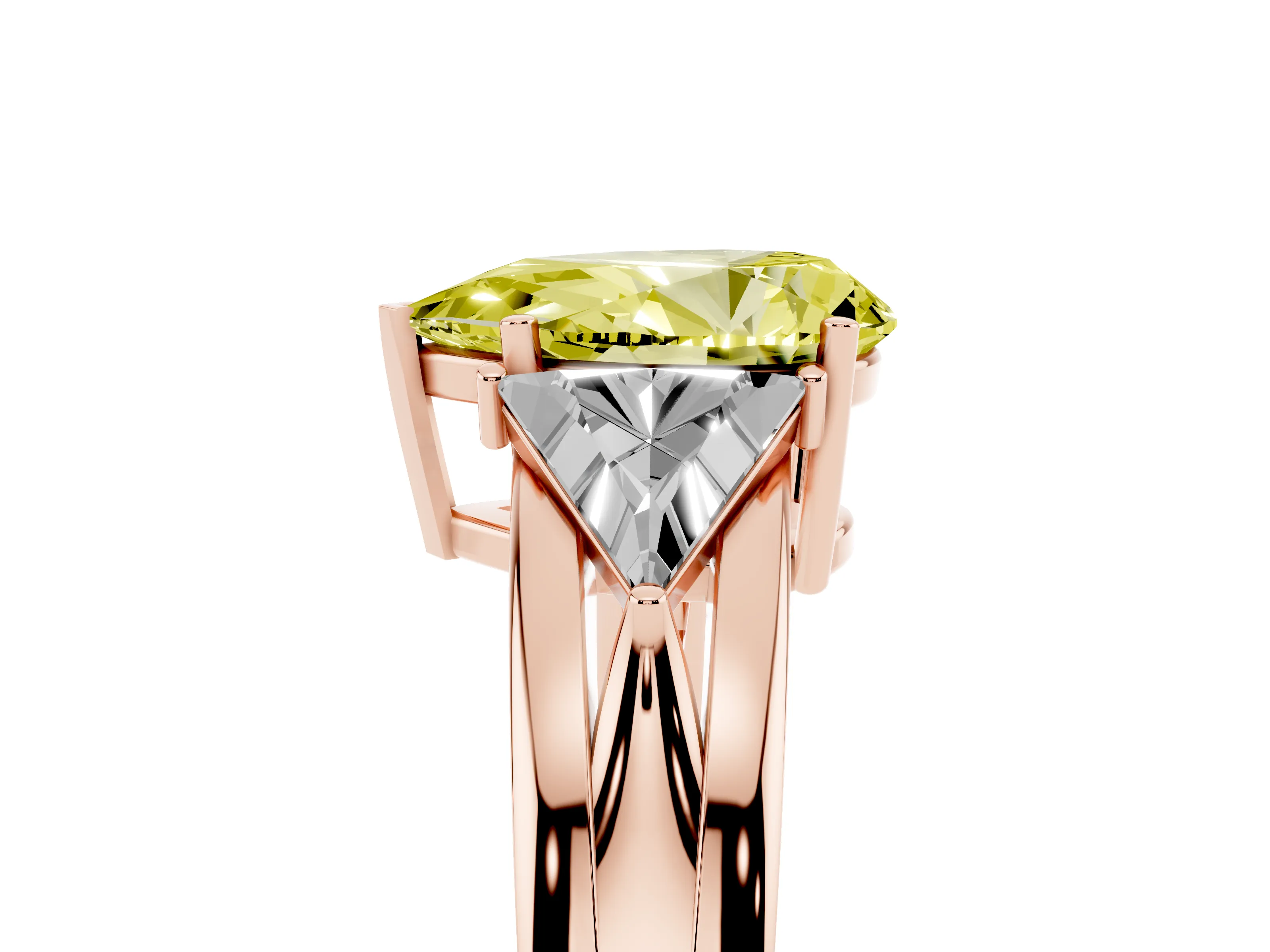 Fancy Yellow Pear Cut Diamond Three-Stone Ring Set in Rose gold with Trillion Side Stones and Split Shank