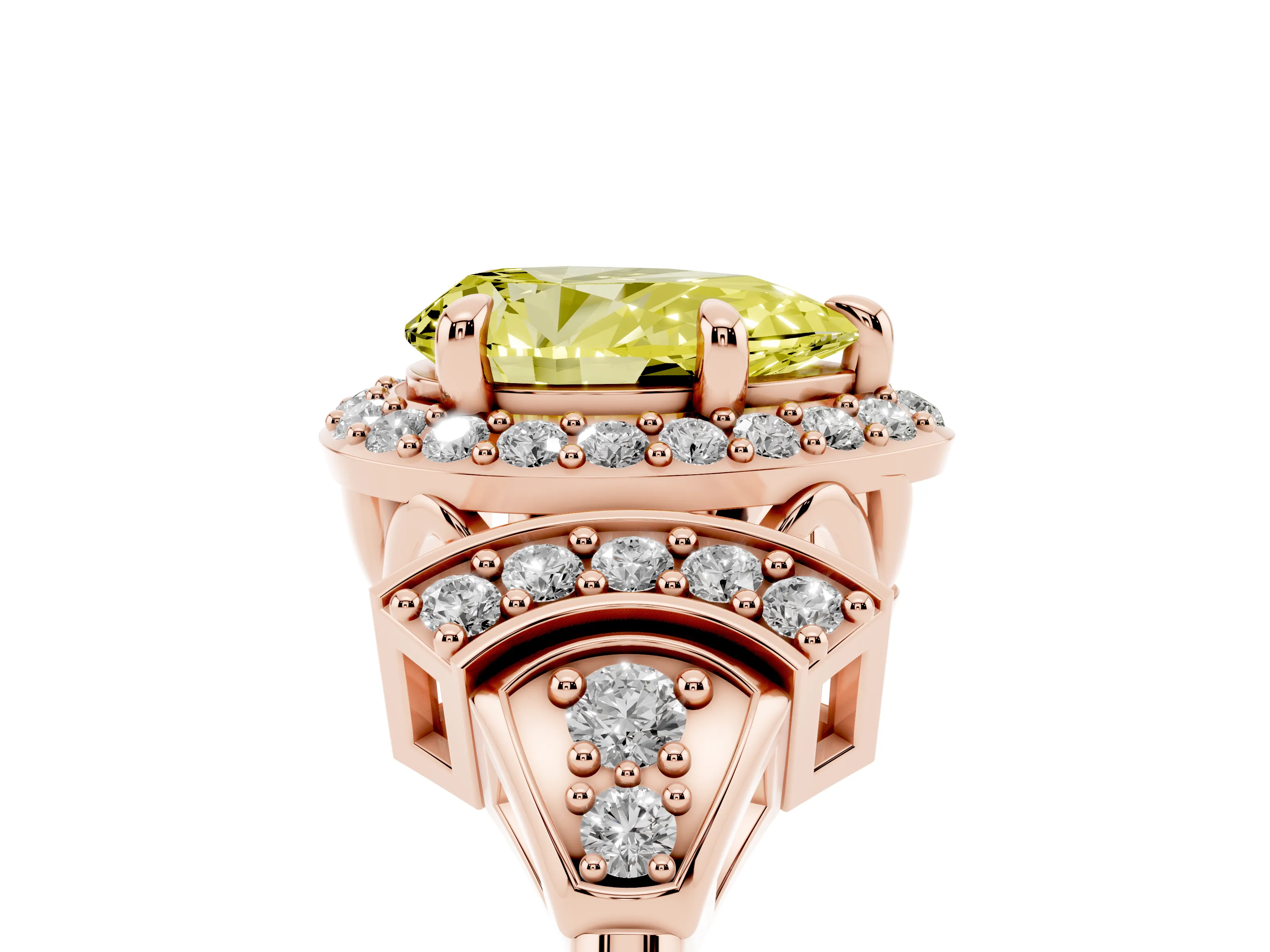 Fancy Yellow Pear Cut Diamond Halo Engagement Ring Set in Rose gold with Accent Stone Split Shank