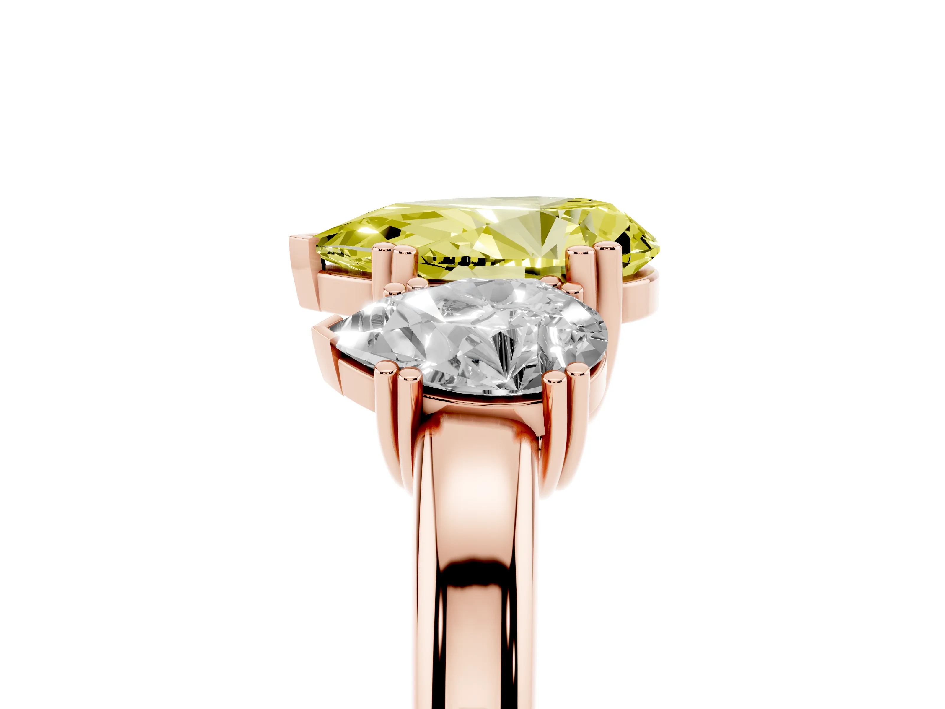Fancy Yellow Pear Cut Diamond Three-Stone Ring Set in Rose gold with Polished Channel-Set Band