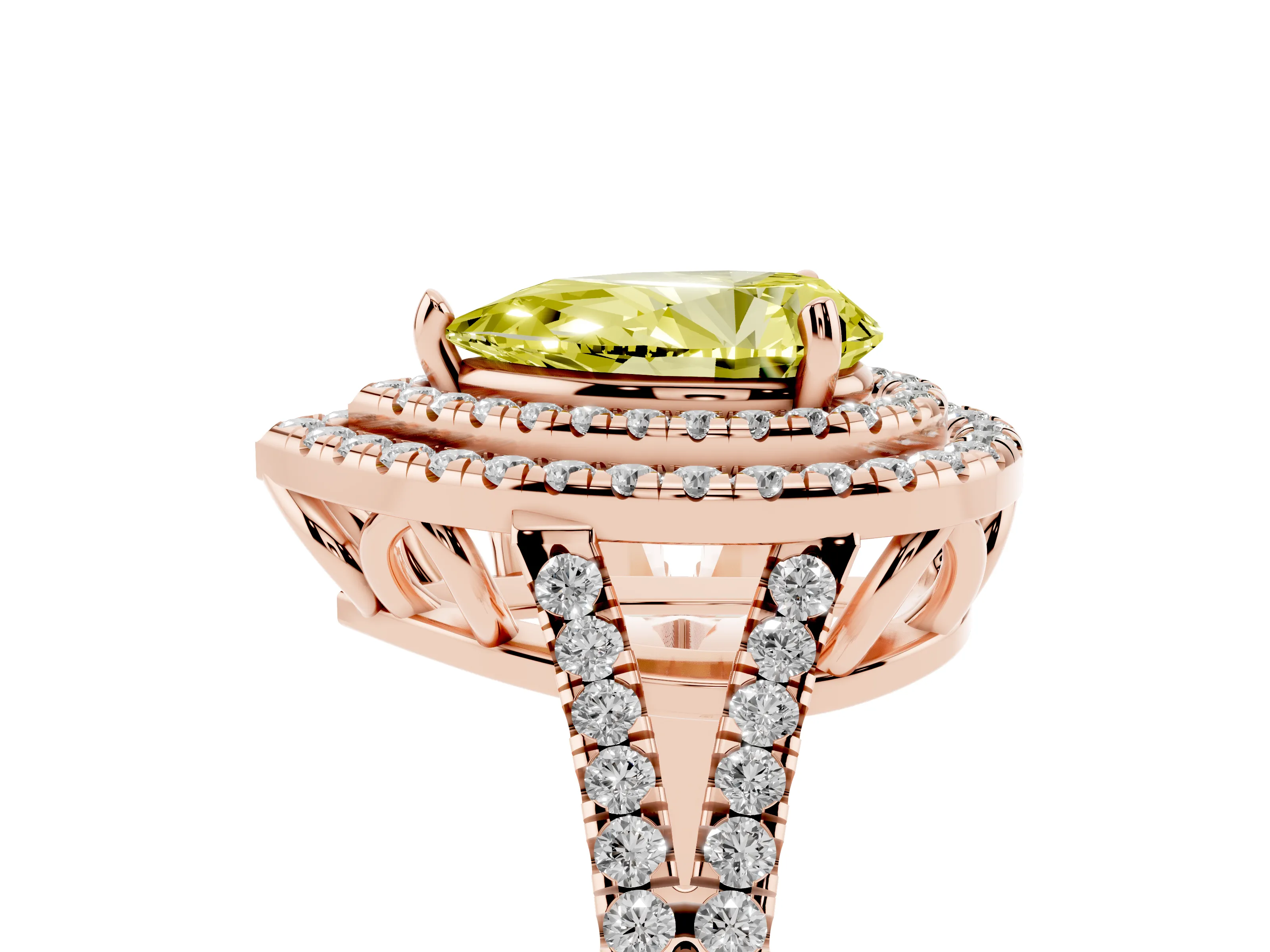 Fancy Yellow Pear Cut Diamond Double Halo Ring Set in Rose gold with Pavé Band