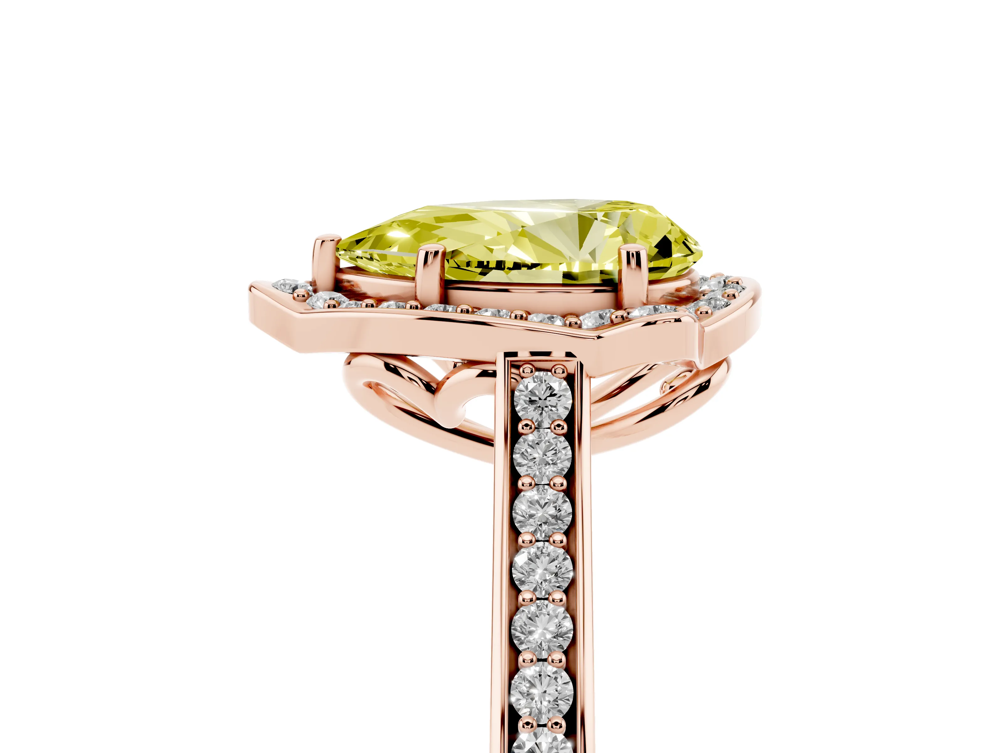 Fancy Yellow Pear Cut Diamond Halo Ring Set in Rose gold with Pavé-Lined Shoulders and Prong Setting